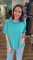 Shop Wavy Ribbed Cuff Sleeve Top - Turquoise-S/M at Ruby Joy Boutique, a Women's Clothing Store in Pickerington, Ohio