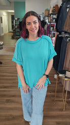 Shop Wavy Ribbed Cuff Sleeve Top - Turquoise- at Ruby Joy Boutique, a Women's Clothing Store in Pickerington, Ohio