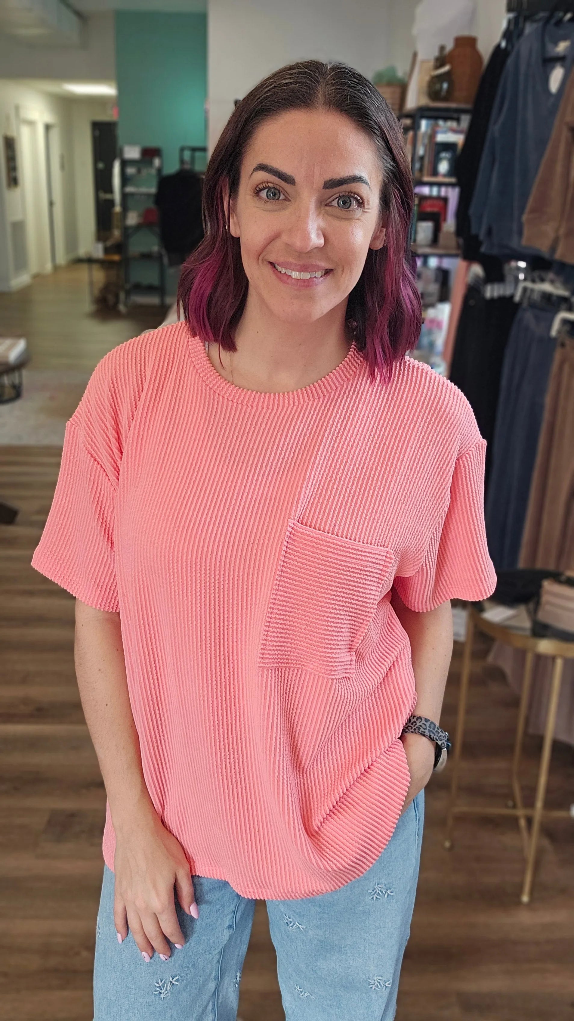 Shop Wavy Ribbed Short Sleeve Pocket Top - Coral- at Ruby Joy Boutique, a Women's Clothing Store in Pickerington, Ohio