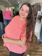 Shop Wavy Ribbed Short Sleeve Pocket Top - Coral- at Ruby Joy Boutique, a Women's Clothing Store in Pickerington, Ohio
