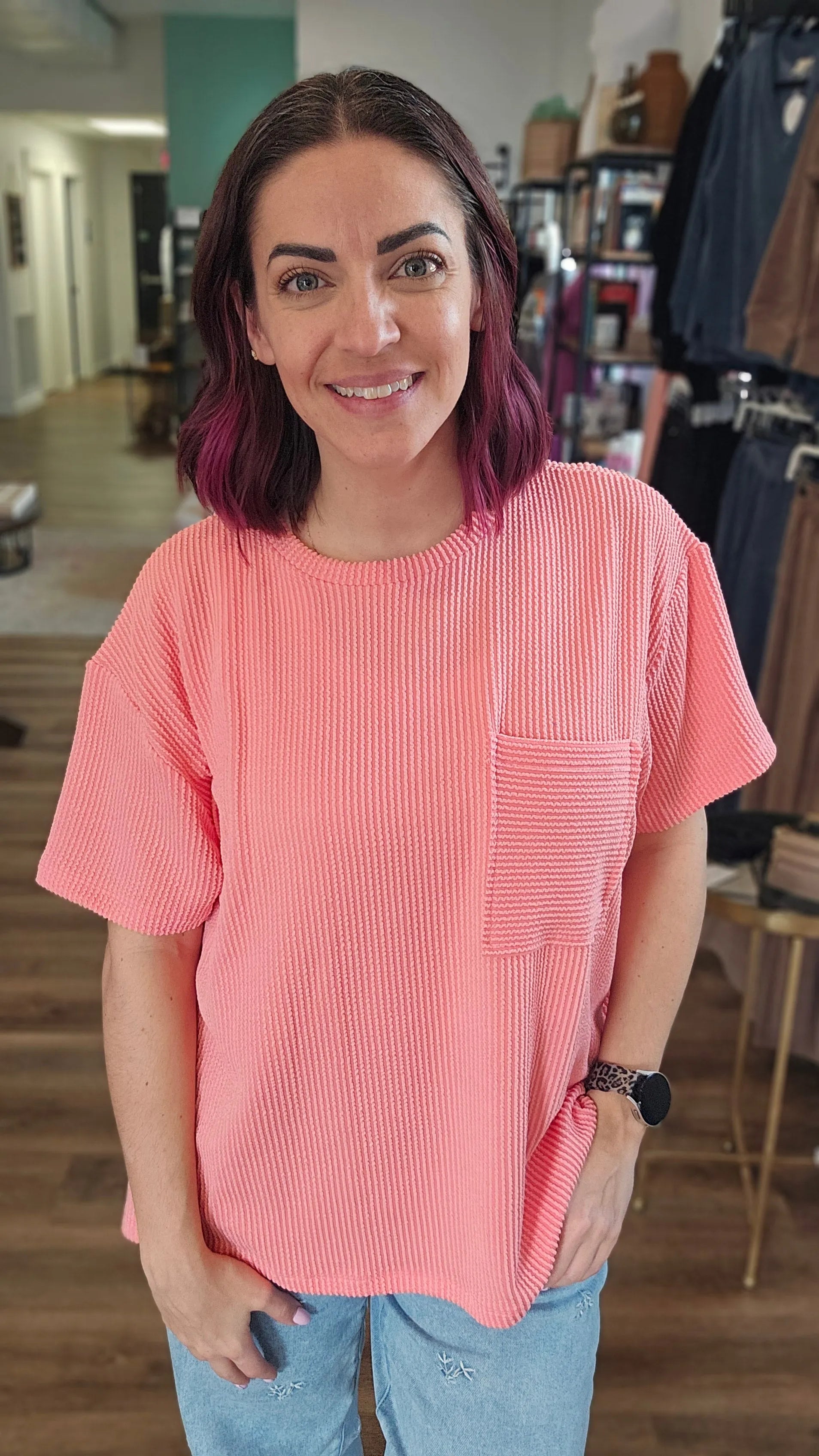 Shop Wavy Ribbed Short Sleeve Pocket Top - Coral-S/M at Ruby Joy Boutique, a Women's Clothing Store in Pickerington, Ohio