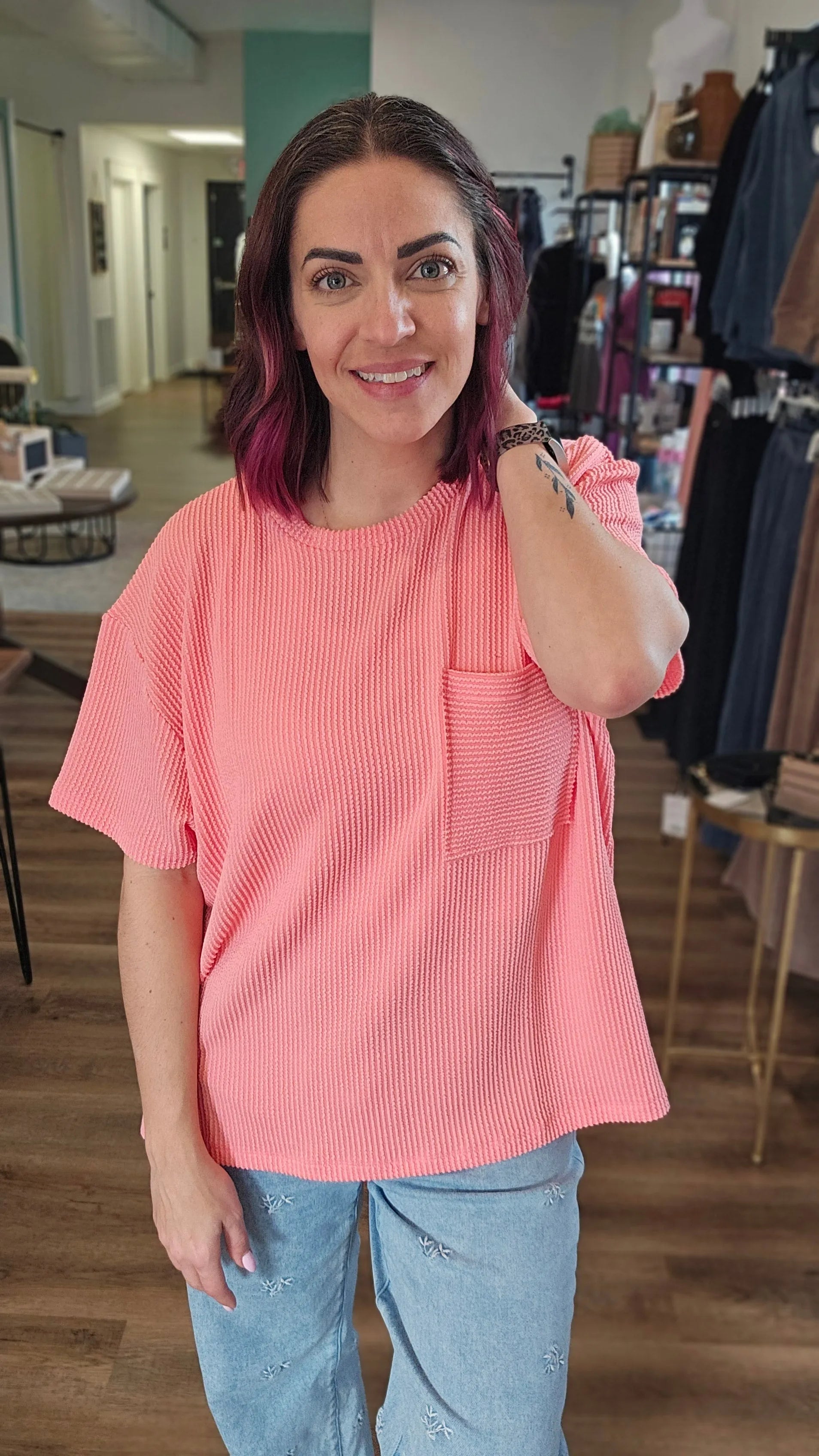 Shop Wavy Ribbed Short Sleeve Pocket Top - Coral- at Ruby Joy Boutique, a Women's Clothing Store in Pickerington, Ohio