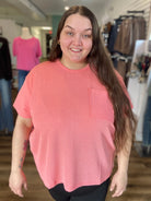Shop Wavy Ribbed Short Sleeve Pocket Top - Coral-1XL/2XL at Ruby Joy Boutique, a Women's Clothing Store in Pickerington, Ohio