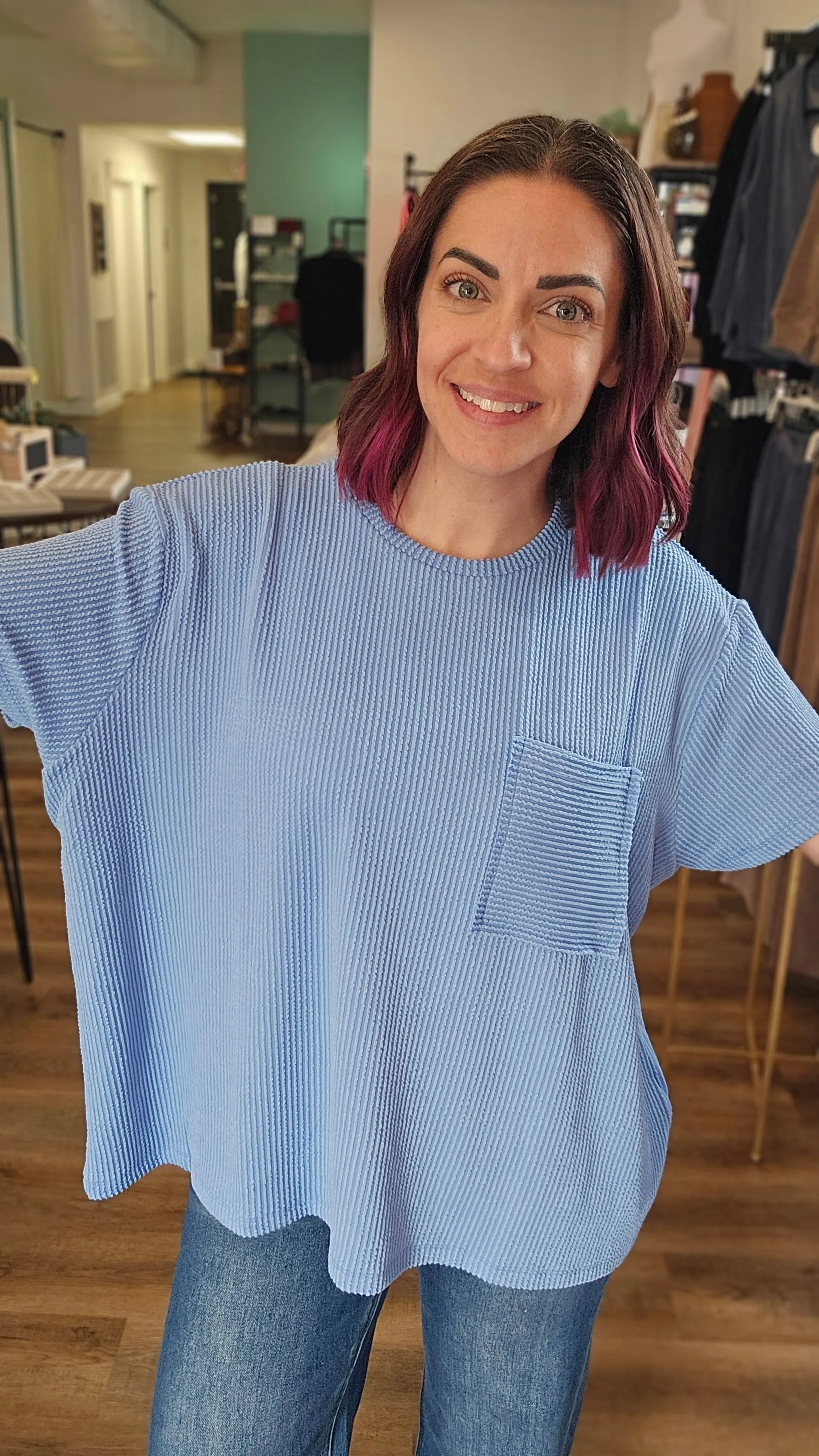 Shop Wavy Ribbed Short Sleeve Pocket Top - Cornflower Blue- at Ruby Joy Boutique, a Women's Clothing Store in Pickerington, Ohio