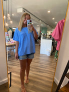 Shop Wavy Ribbed Short Sleeve Pocket Top - Cornflower Blue- at Ruby Joy Boutique, a Women's Clothing Store in Pickerington, Ohio
