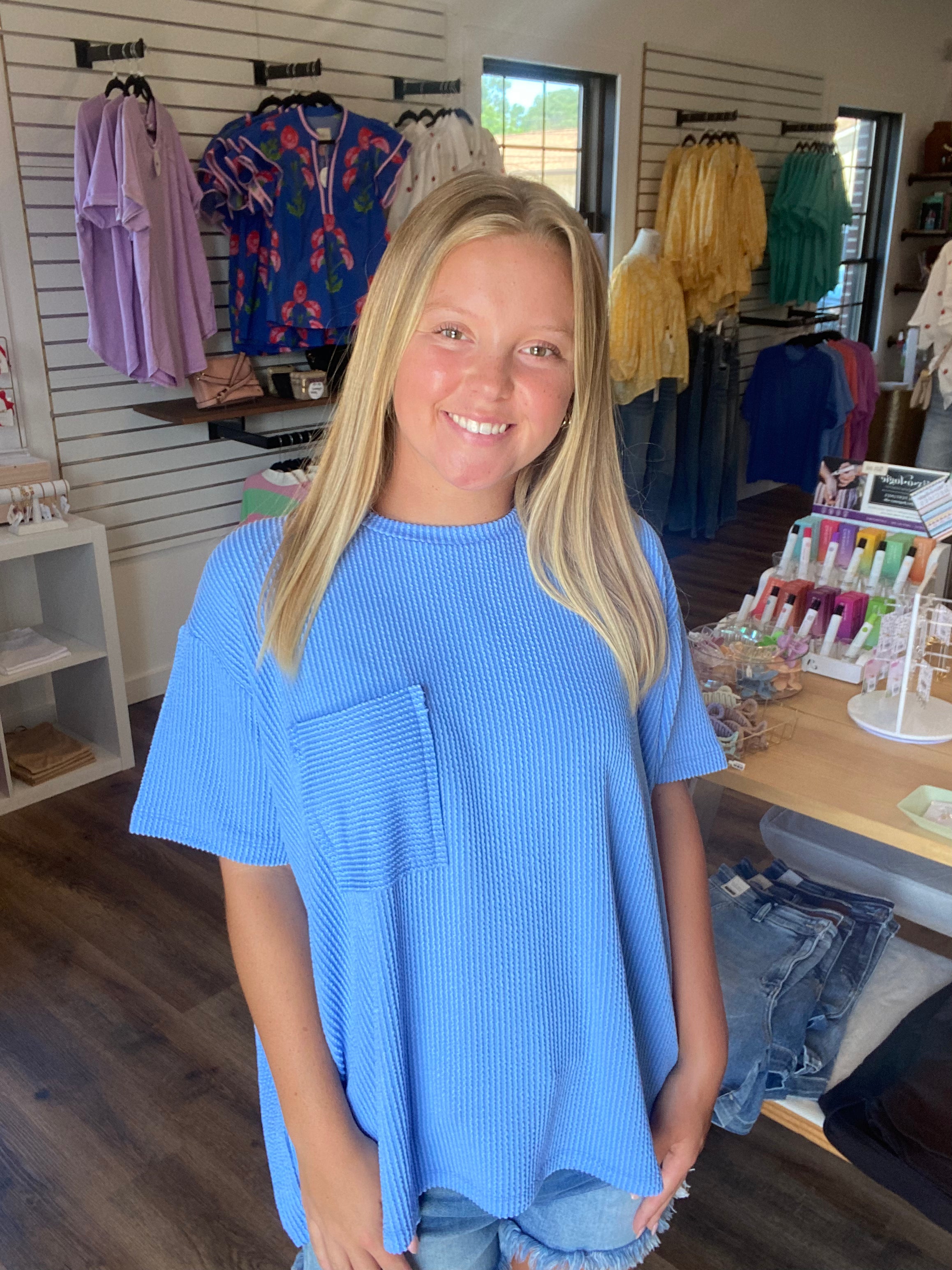 Shop Wavy Ribbed Short Sleeve Pocket Top - Cornflower Blue- at Ruby Joy Boutique, a Women's Clothing Store in Pickerington, Ohio