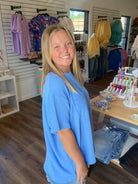 Shop Wavy Ribbed Short Sleeve Pocket Top - Cornflower Blue- at Ruby Joy Boutique, a Women's Clothing Store in Pickerington, Ohio