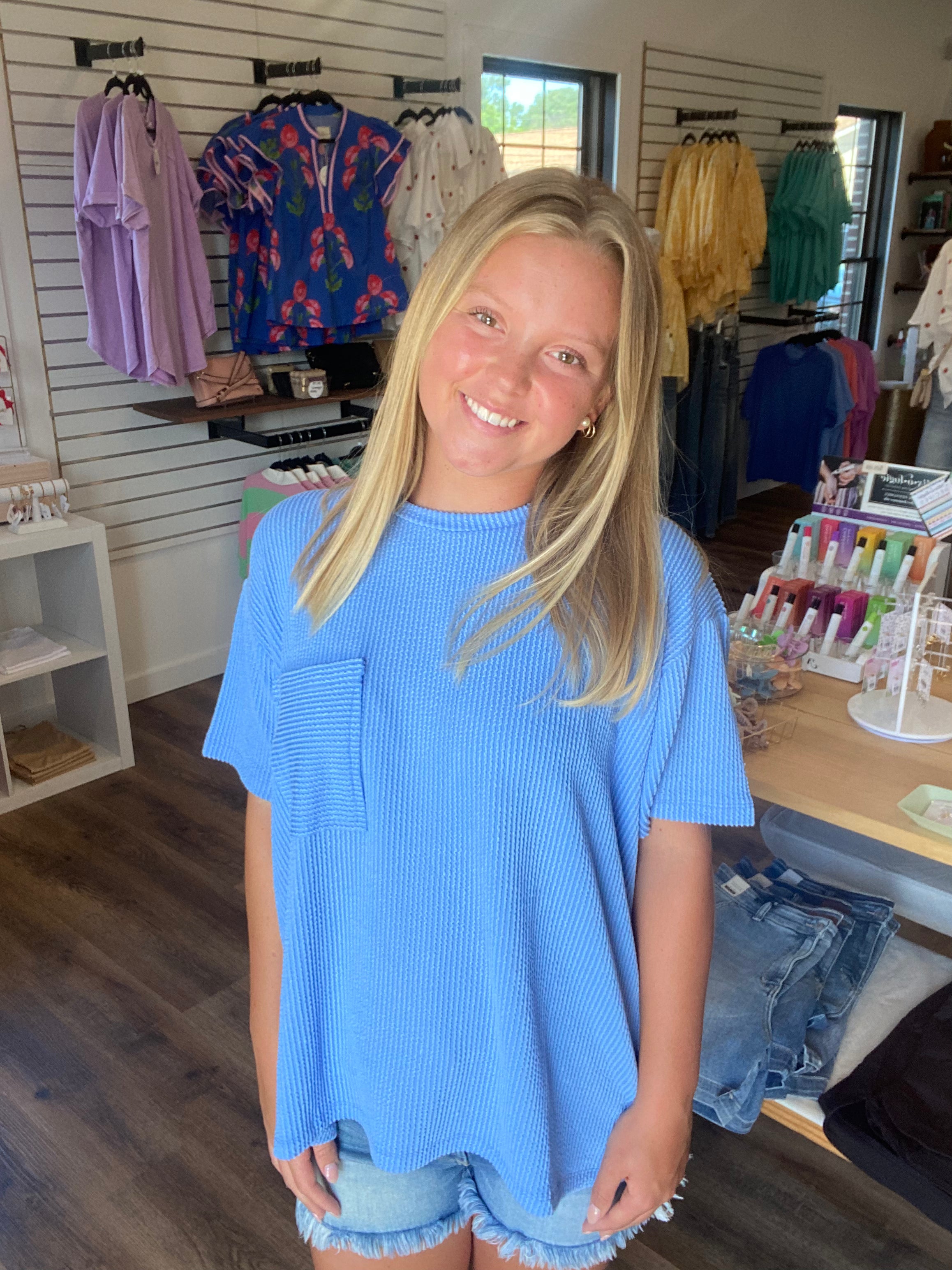 Shop Wavy Ribbed Short Sleeve Pocket Top - Cornflower Blue- at Ruby Joy Boutique, a Women's Clothing Store in Pickerington, Ohio