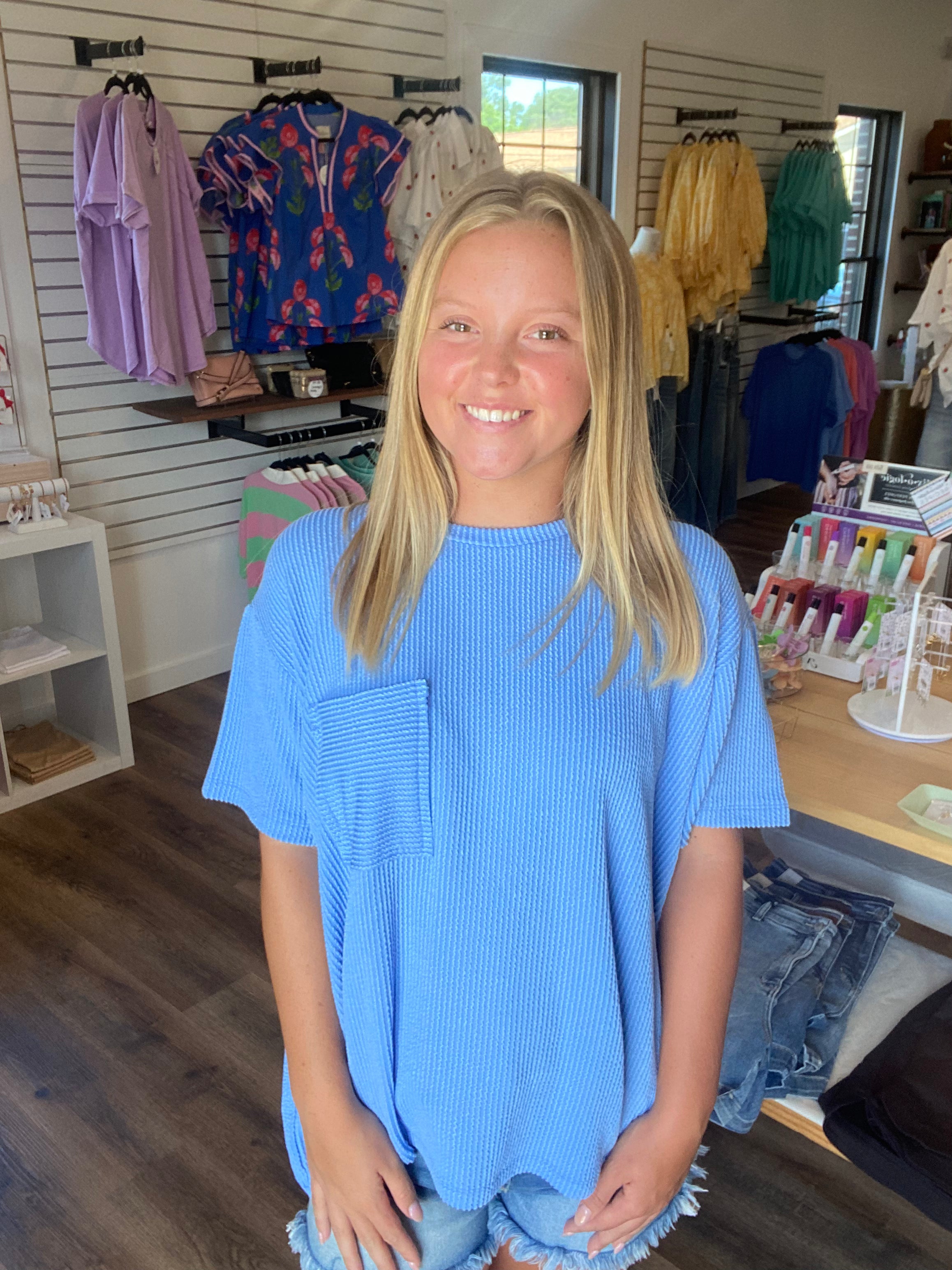 Shop Wavy Ribbed Short Sleeve Pocket Top - Cornflower Blue- at Ruby Joy Boutique, a Women's Clothing Store in Pickerington, Ohio