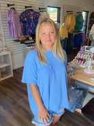 Shop Wavy Ribbed Short Sleeve Pocket Top - Cornflower Blue- at Ruby Joy Boutique, a Women's Clothing Store in Pickerington, Ohio