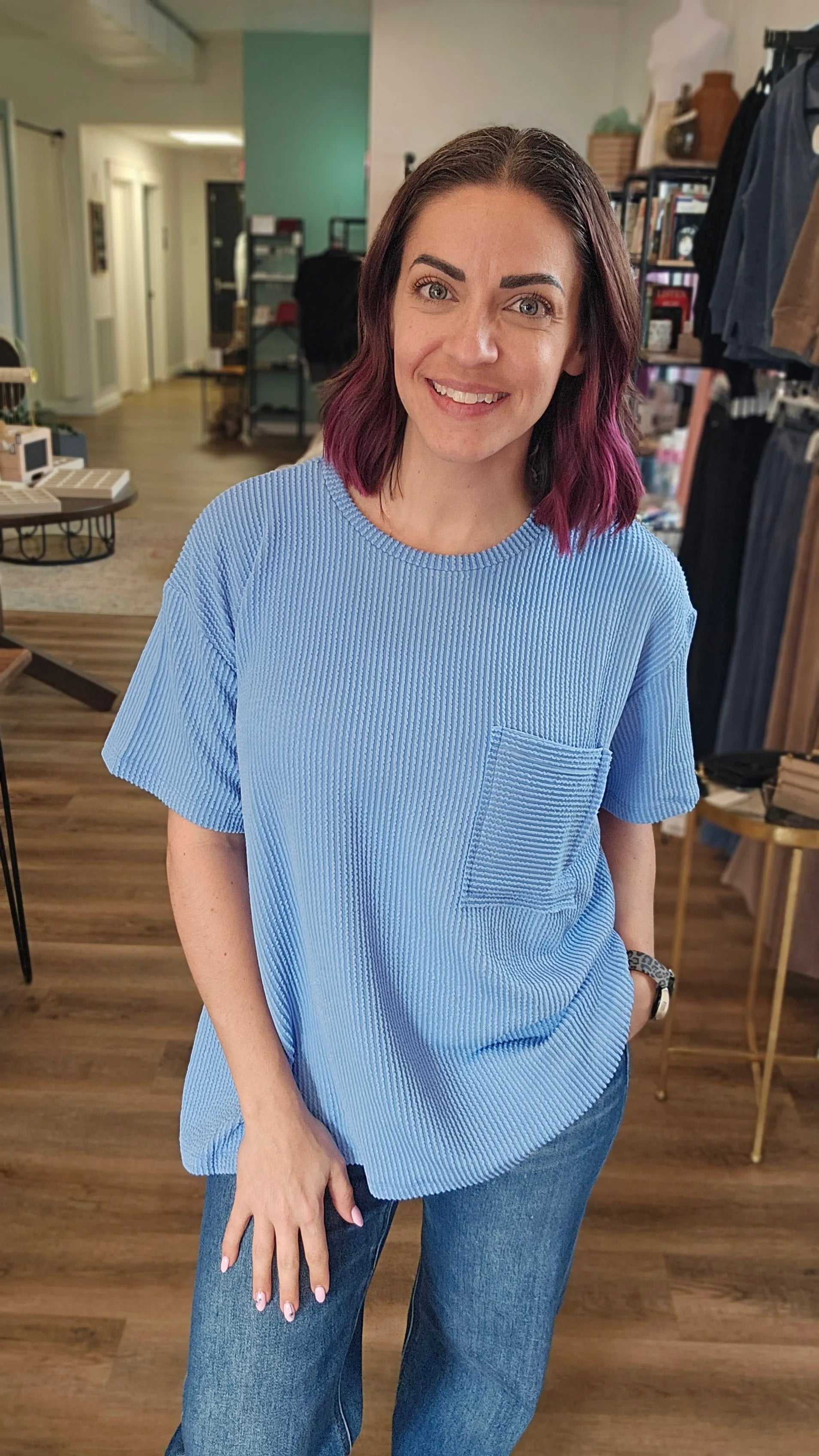 Shop Wavy Ribbed Short Sleeve Pocket Top - Cornflower Blue- at Ruby Joy Boutique, a Women's Clothing Store in Pickerington, Ohio