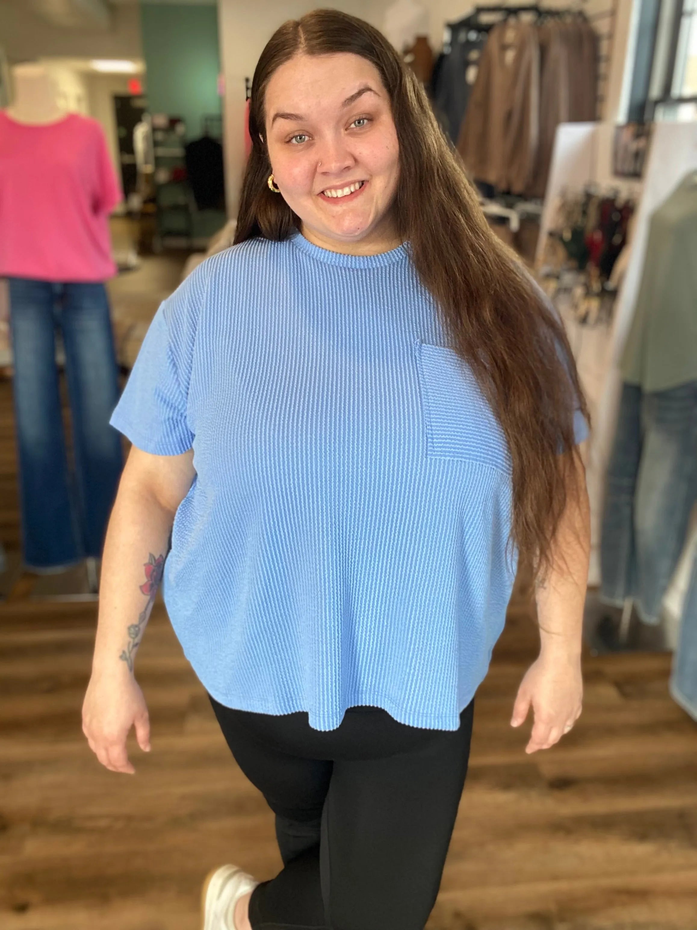 Shop Wavy Ribbed Short Sleeve Pocket Top - Cornflower Blue- at Ruby Joy Boutique, a Women's Clothing Store in Pickerington, Ohio