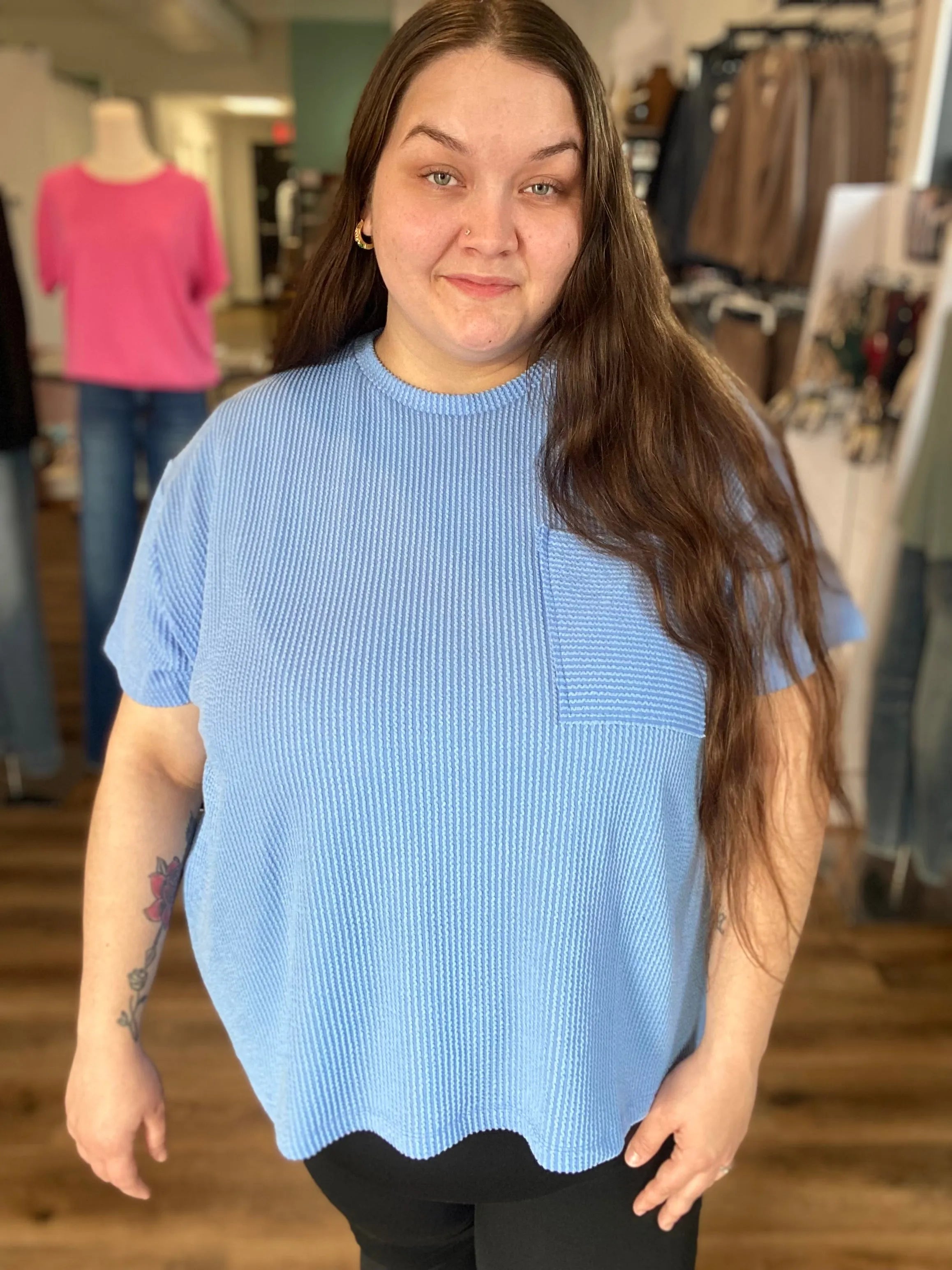 Shop Wavy Ribbed Short Sleeve Pocket Top - Cornflower Blue- at Ruby Joy Boutique, a Women's Clothing Store in Pickerington, Ohio