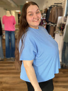 Shop Wavy Ribbed Short Sleeve Pocket Top - Cornflower Blue- at Ruby Joy Boutique, a Women's Clothing Store in Pickerington, Ohio