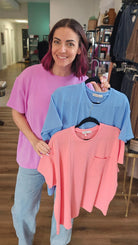 Shop Wavy Ribbed Short Sleeve Pocket Top - Cornflower Blue- at Ruby Joy Boutique, a Women's Clothing Store in Pickerington, Ohio