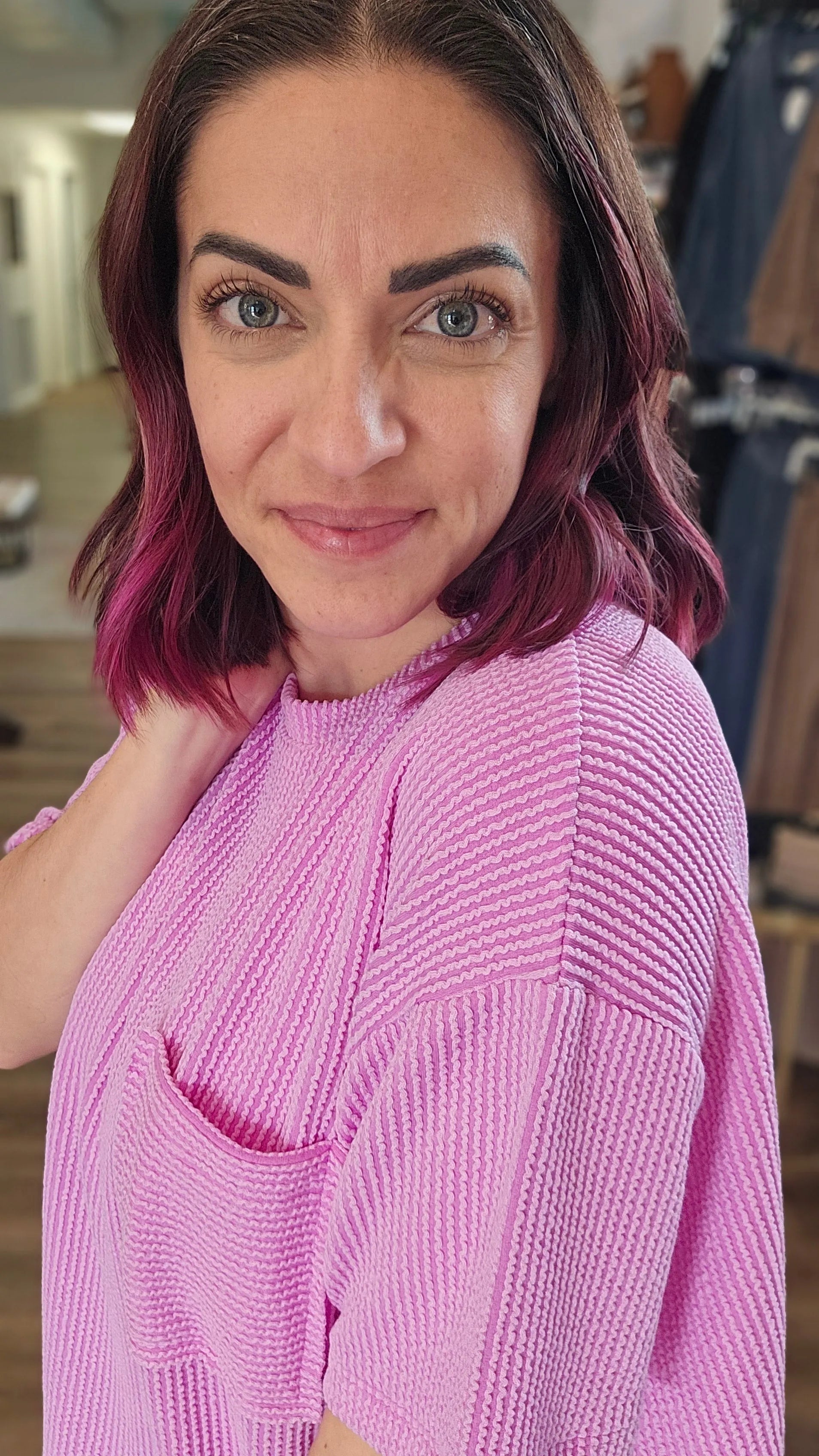 Shop Wavy Ribbed Short Sleeve Pocket Top - Violet- at Ruby Joy Boutique, a Women's Clothing Store in Pickerington, Ohio