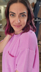 Shop Wavy Ribbed Short Sleeve Pocket Top - Violet- at Ruby Joy Boutique, a Women's Clothing Store in Pickerington, Ohio