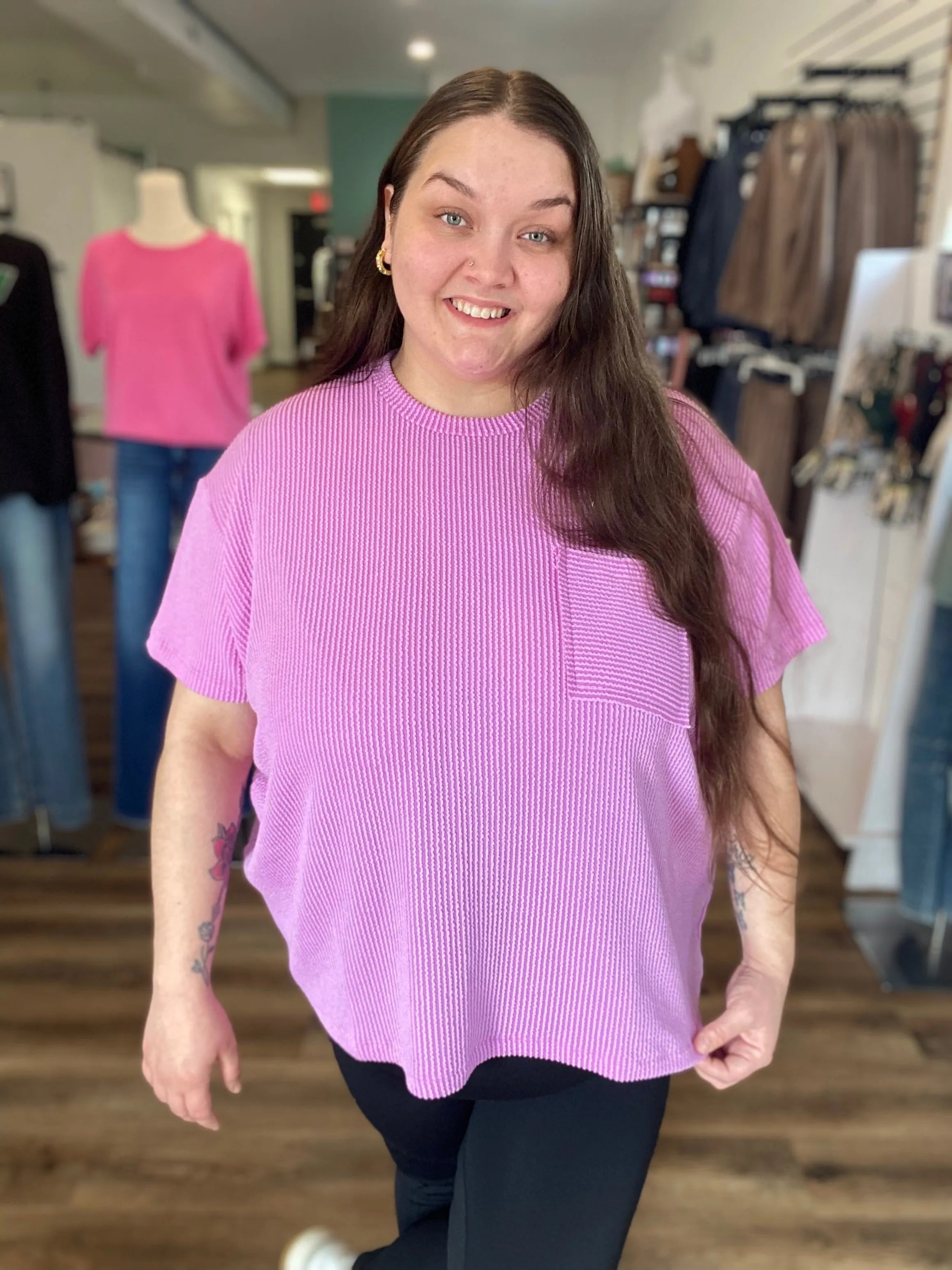 Shop Wavy Ribbed Short Sleeve Pocket Top - Violet-1XL/2XL at Ruby Joy Boutique, a Women's Clothing Store in Pickerington, Ohio