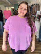 Shop Wavy Ribbed Short Sleeve Pocket Top - Violet- at Ruby Joy Boutique, a Women's Clothing Store in Pickerington, Ohio