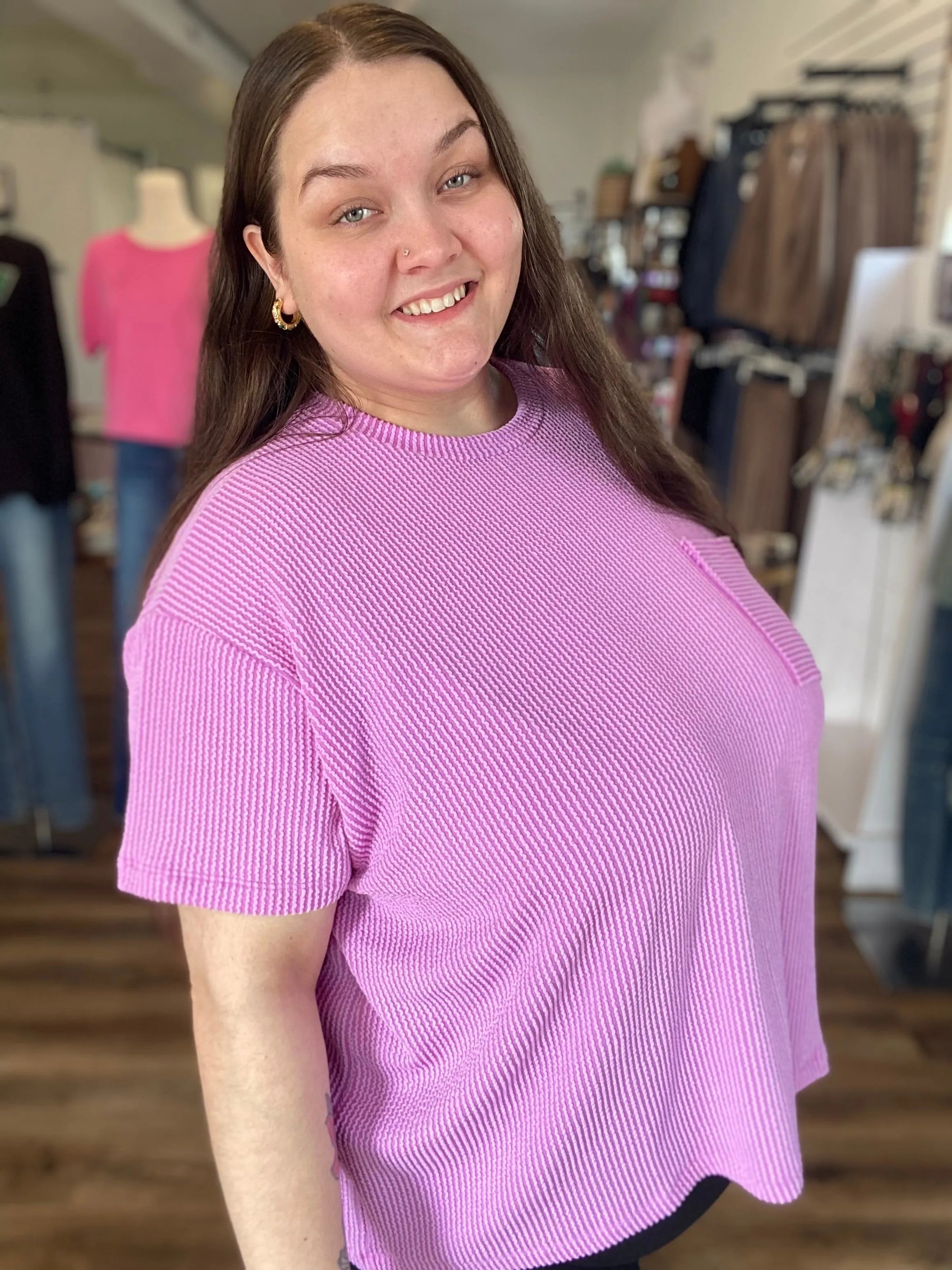 Shop Wavy Ribbed Short Sleeve Pocket Top - Violet- at Ruby Joy Boutique, a Women's Clothing Store in Pickerington, Ohio