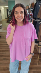 Shop Wavy Ribbed Short Sleeve Pocket Top - Violet- at Ruby Joy Boutique, a Women's Clothing Store in Pickerington, Ohio