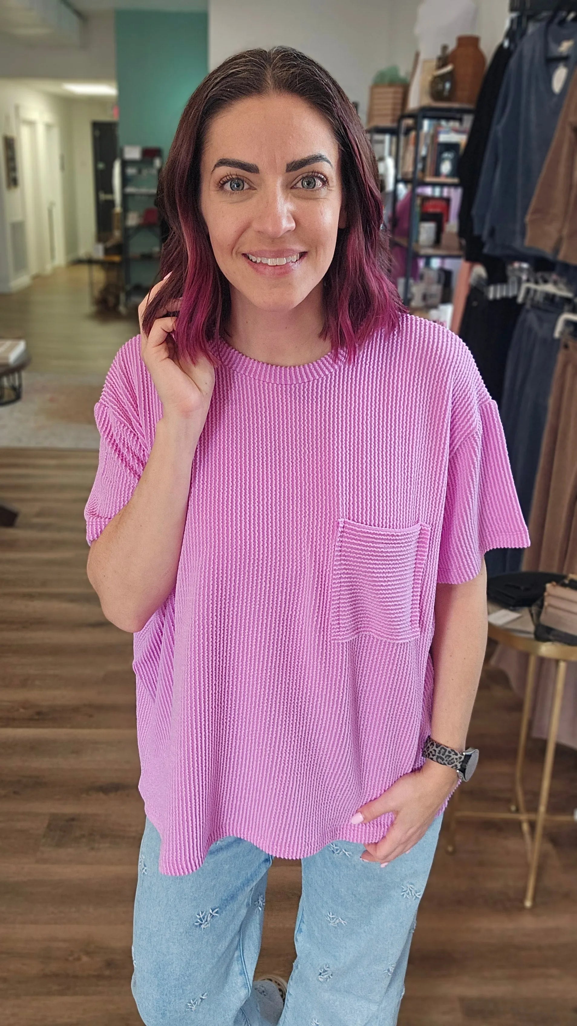 Shop Wavy Ribbed Short Sleeve Pocket Top - Violet- at Ruby Joy Boutique, a Women's Clothing Store in Pickerington, Ohio