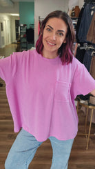 Shop Wavy Ribbed Short Sleeve Pocket Top - Violet-S/M at Ruby Joy Boutique, a Women's Clothing Store in Pickerington, Ohio