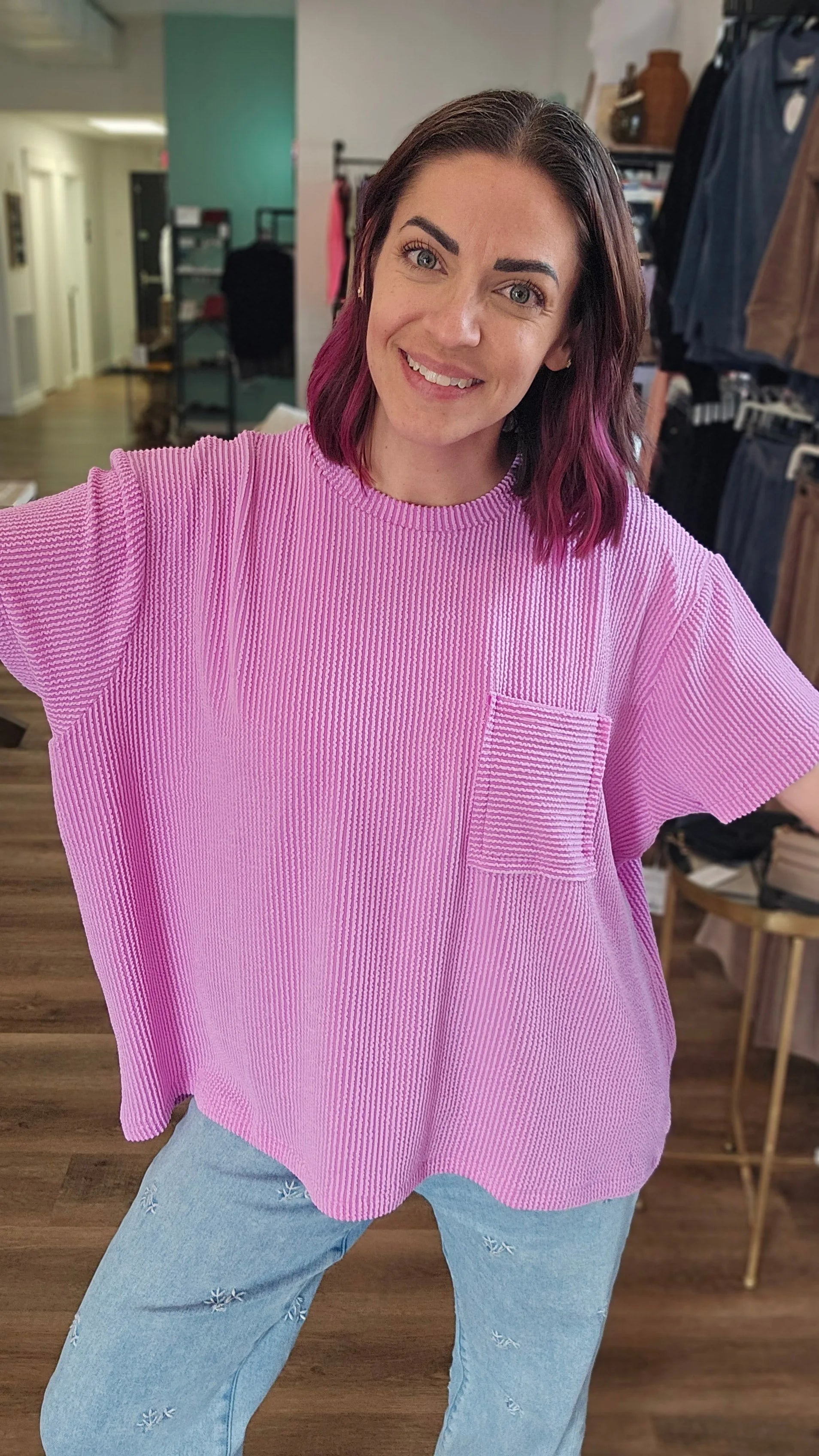 Shop Wavy Ribbed Short Sleeve Pocket Top - Violet-S/M at Ruby Joy Boutique, a Women's Clothing Store in Pickerington, Ohio