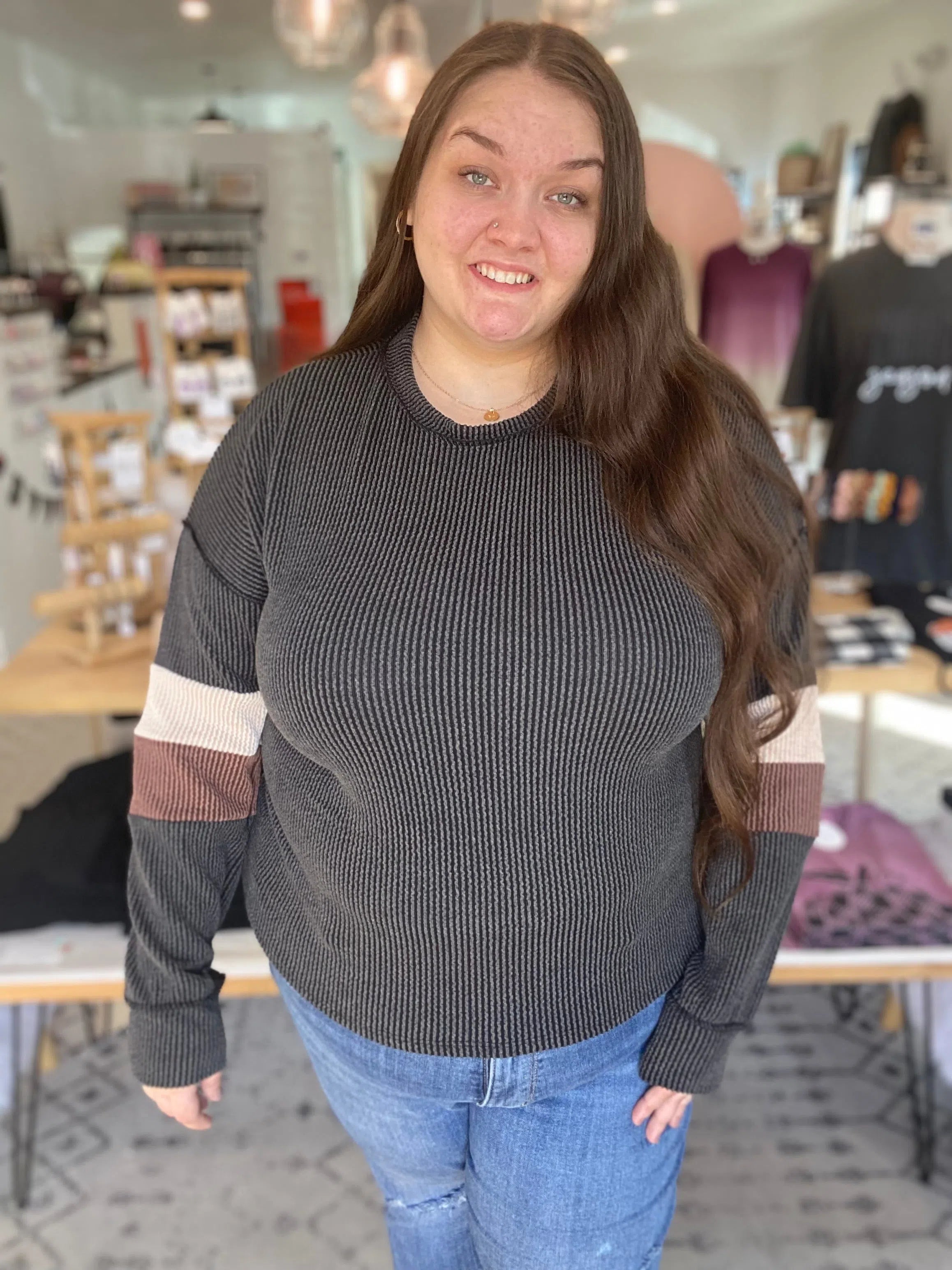 Shop Wavy Ribbed Stripe Sleeve Top-Shirts at Ruby Joy Boutique, a Women's Clothing Store in Pickerington, Ohio