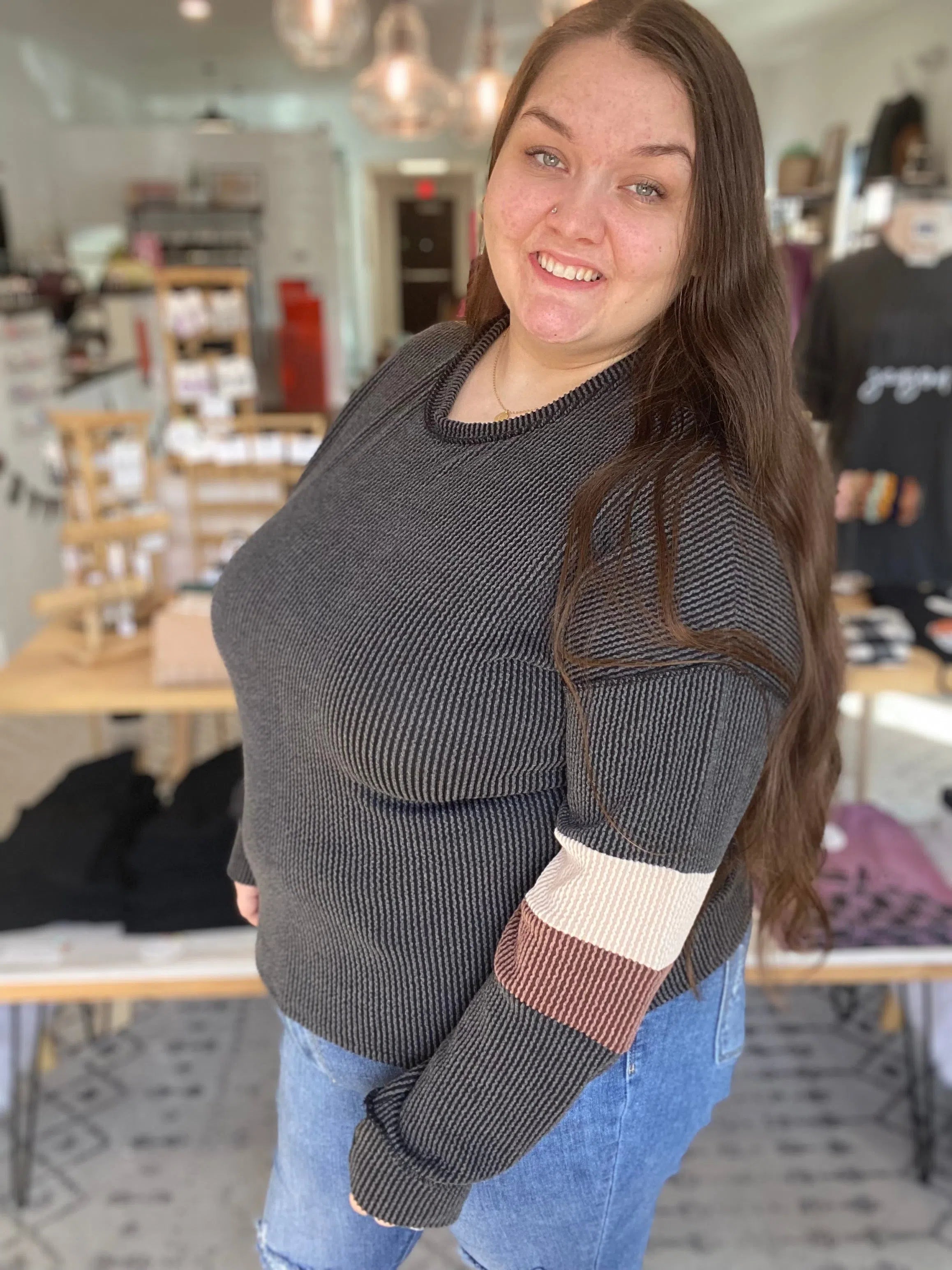 Shop Wavy Ribbed Stripe Sleeve Top-Shirts at Ruby Joy Boutique, a Women's Clothing Store in Pickerington, Ohio