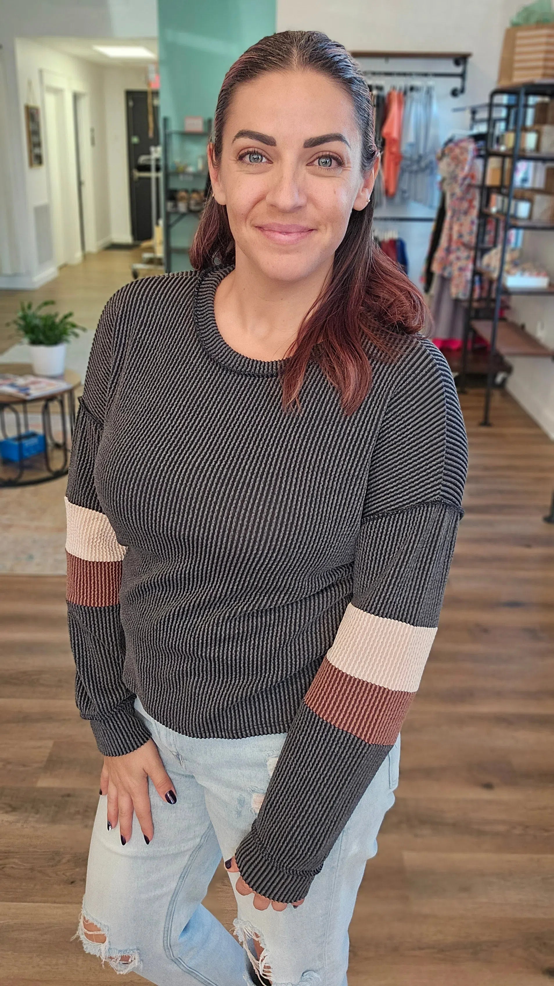 Shop Wavy Ribbed Stripe Sleeve Top-Shirts at Ruby Joy Boutique, a Women's Clothing Store in Pickerington, Ohio