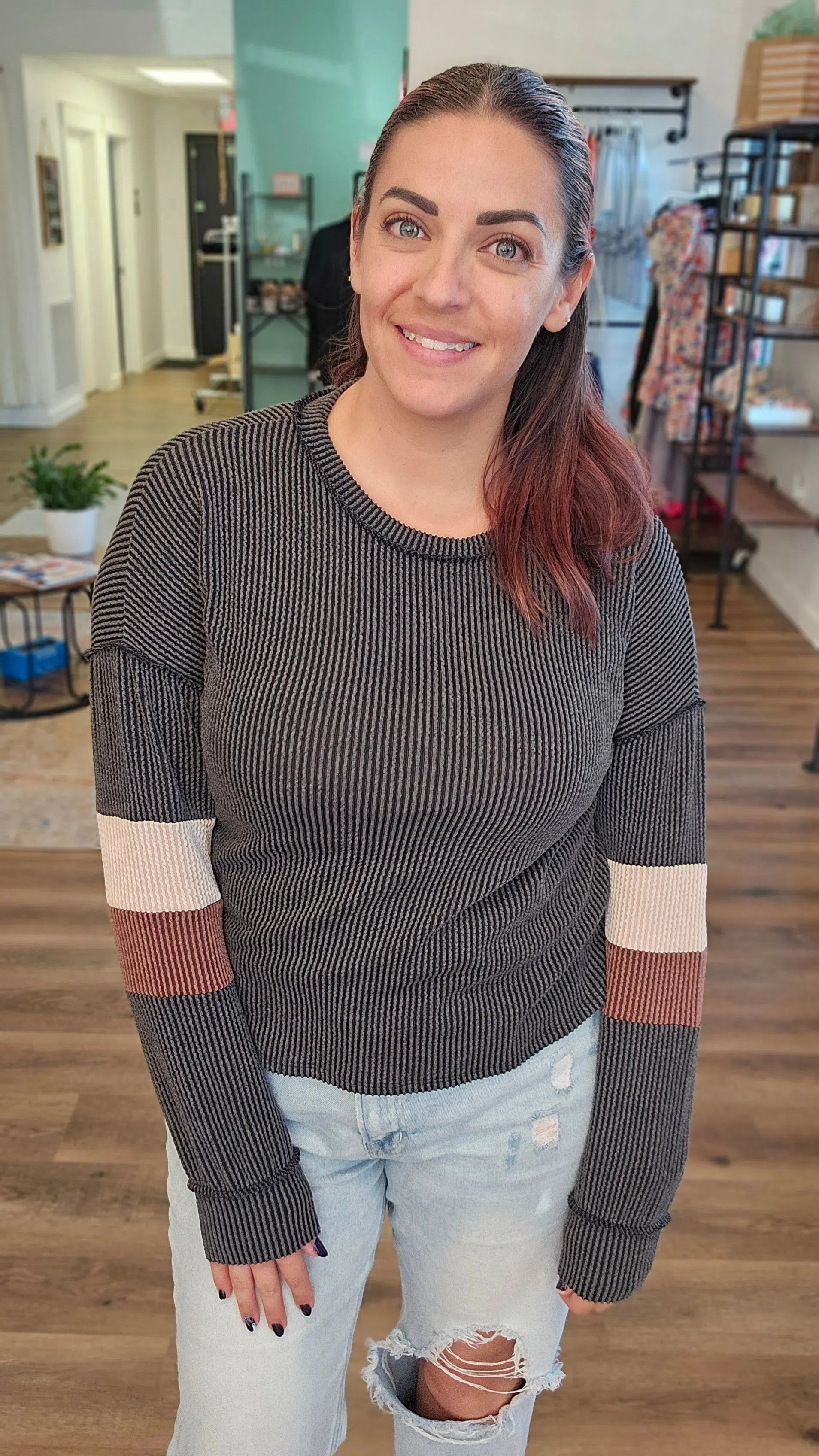 Shop Wavy Ribbed Stripe Sleeve Top-Shirts at Ruby Joy Boutique, a Women's Clothing Store in Pickerington, Ohio