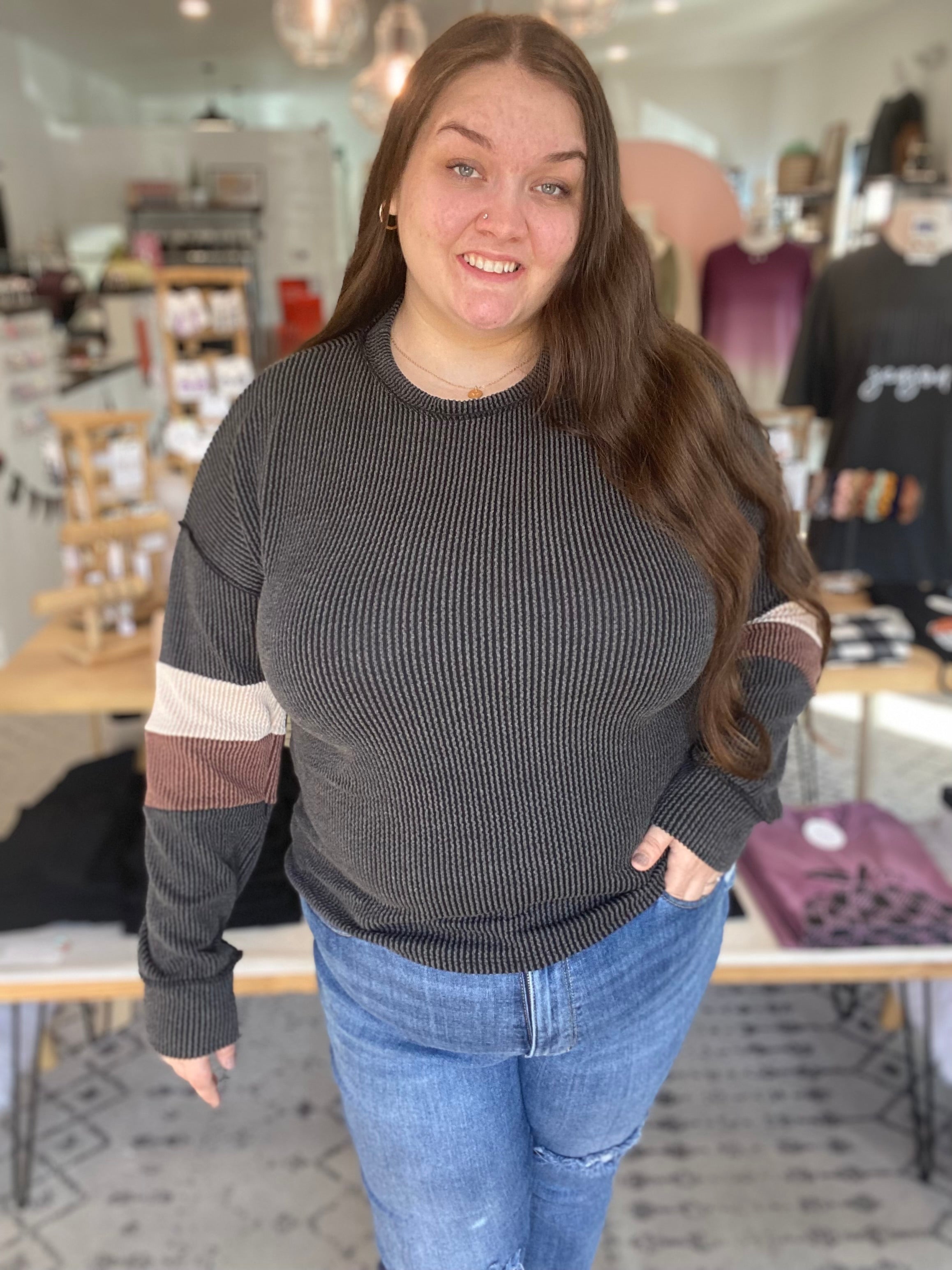 Shop Wavy Ribbed Stripe Sleeve Top-Shirts at Ruby Joy Boutique, a Women's Clothing Store in Pickerington, Ohio