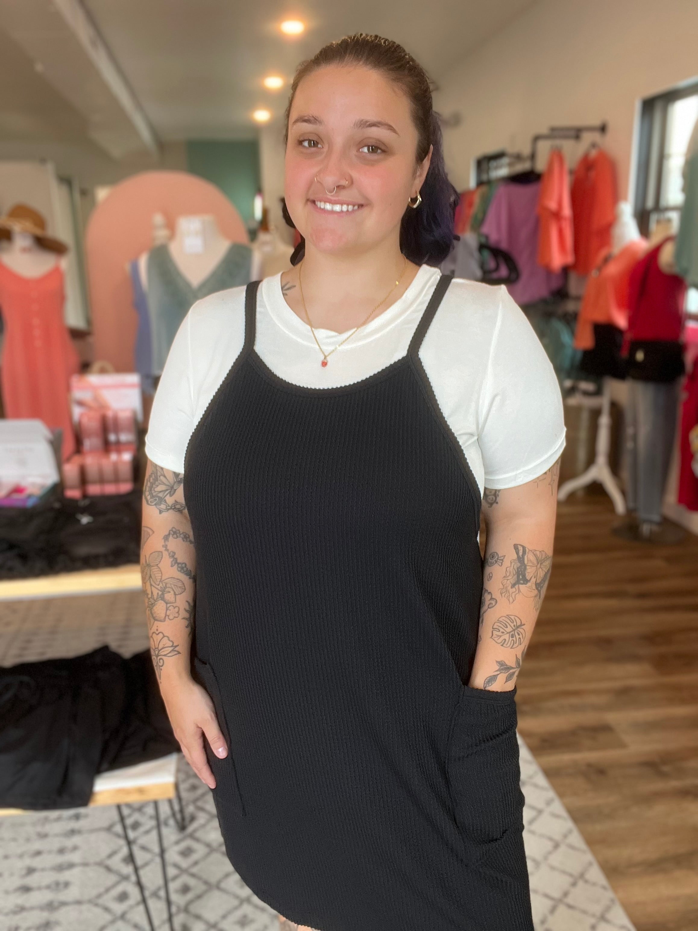 Shop Wavy Ribbed Tank Dress | Black-Dresses at Ruby Joy Boutique, a Women's Clothing Store in Pickerington, Ohio