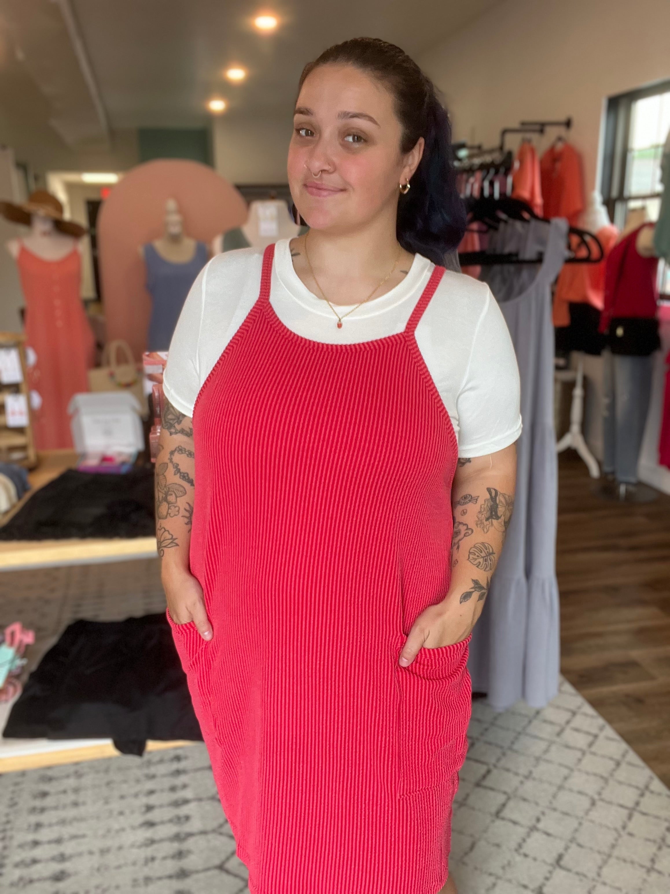Shop Wavy Ribbed Tank Dress | Red-Dresses at Ruby Joy Boutique, a Women's Clothing Store in Pickerington, Ohio