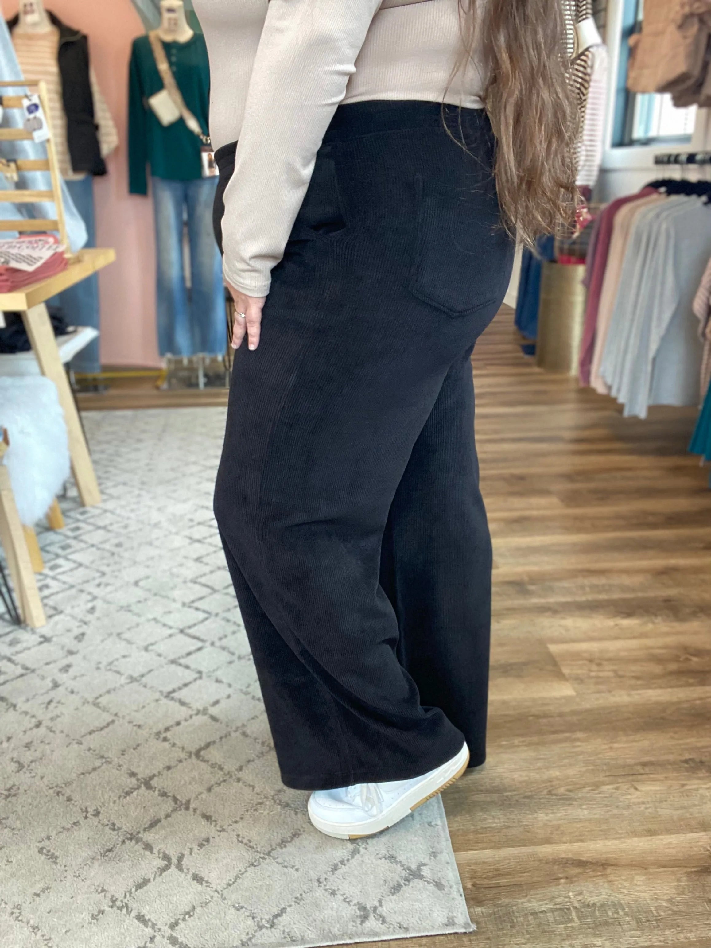 Shop Wide Leg Corded Pants - Black- at Ruby Joy Boutique, a Women's Clothing Store in Pickerington, Ohio