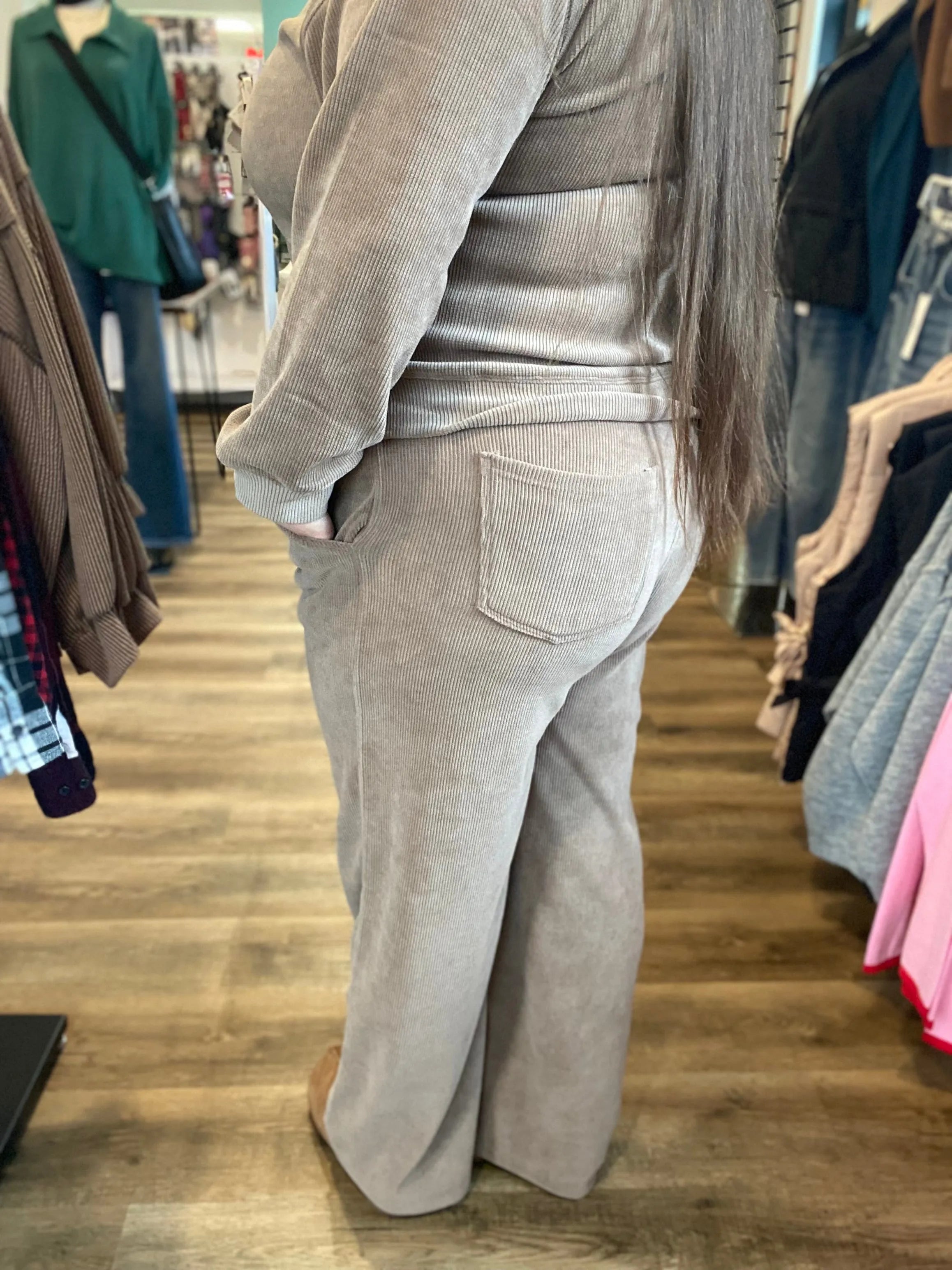 Shop Wide Leg Corded Pants - Khaki- at Ruby Joy Boutique, a Women's Clothing Store in Pickerington, Ohio