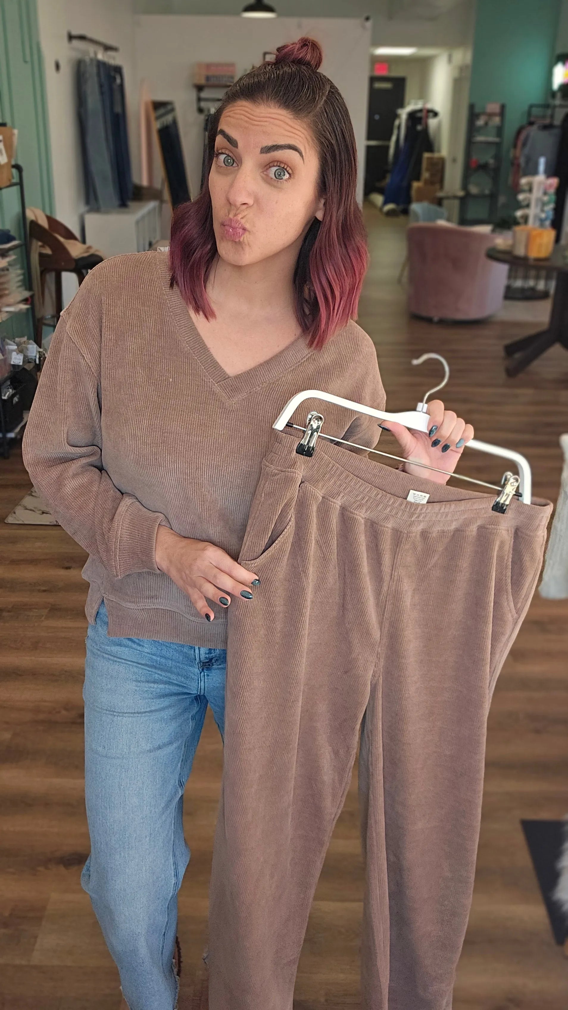 Shop Wide Leg Corded Pants - Khaki- at Ruby Joy Boutique, a Women's Clothing Store in Pickerington, Ohio