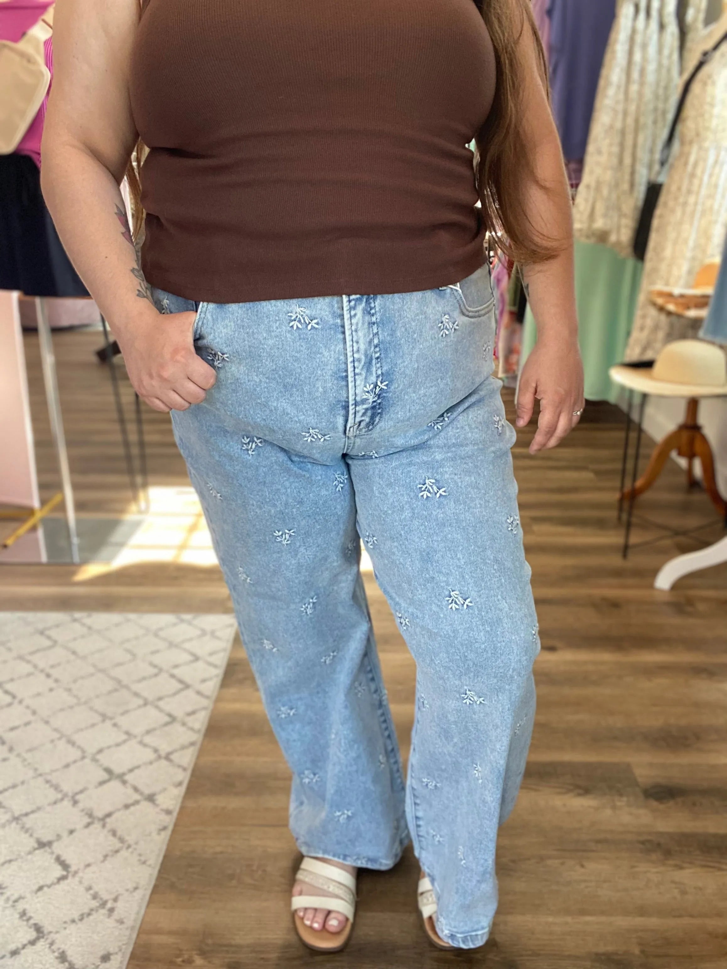 Shop Wide Leg Floral Embroidered Jeans | Risen- at Ruby Joy Boutique, a Women's Clothing Store in Pickerington, Ohio