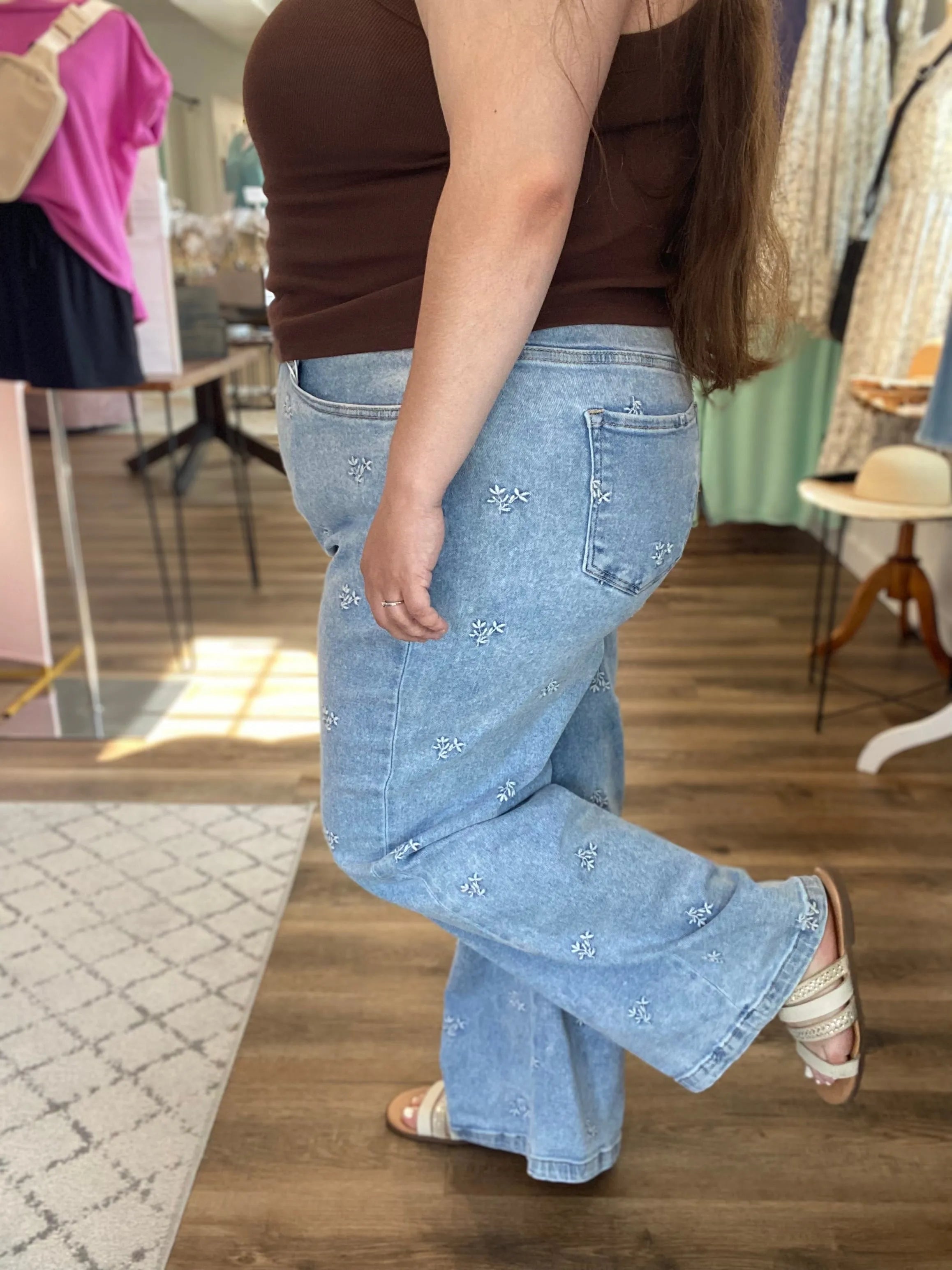 Shop Wide Leg Floral Embroidered Jeans | Risen- at Ruby Joy Boutique, a Women's Clothing Store in Pickerington, Ohio