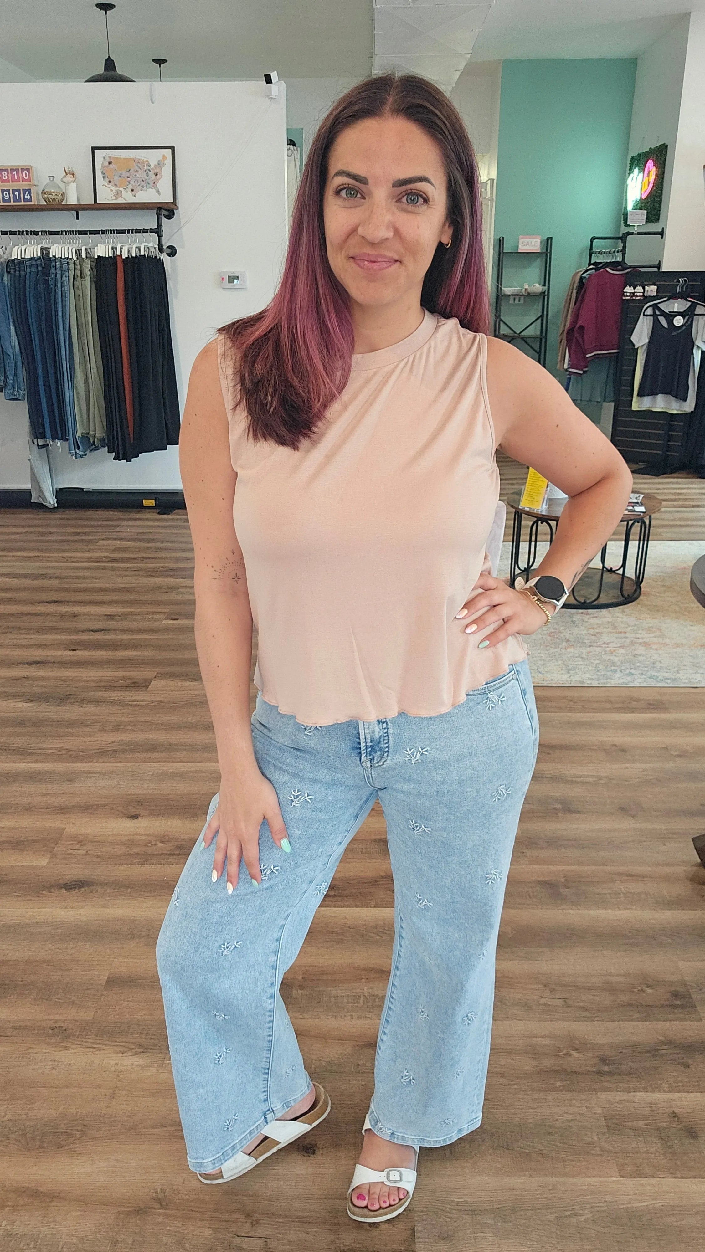 Shop Wide Leg Floral Embroidered Jeans | Risen- at Ruby Joy Boutique, a Women's Clothing Store in Pickerington, Ohio