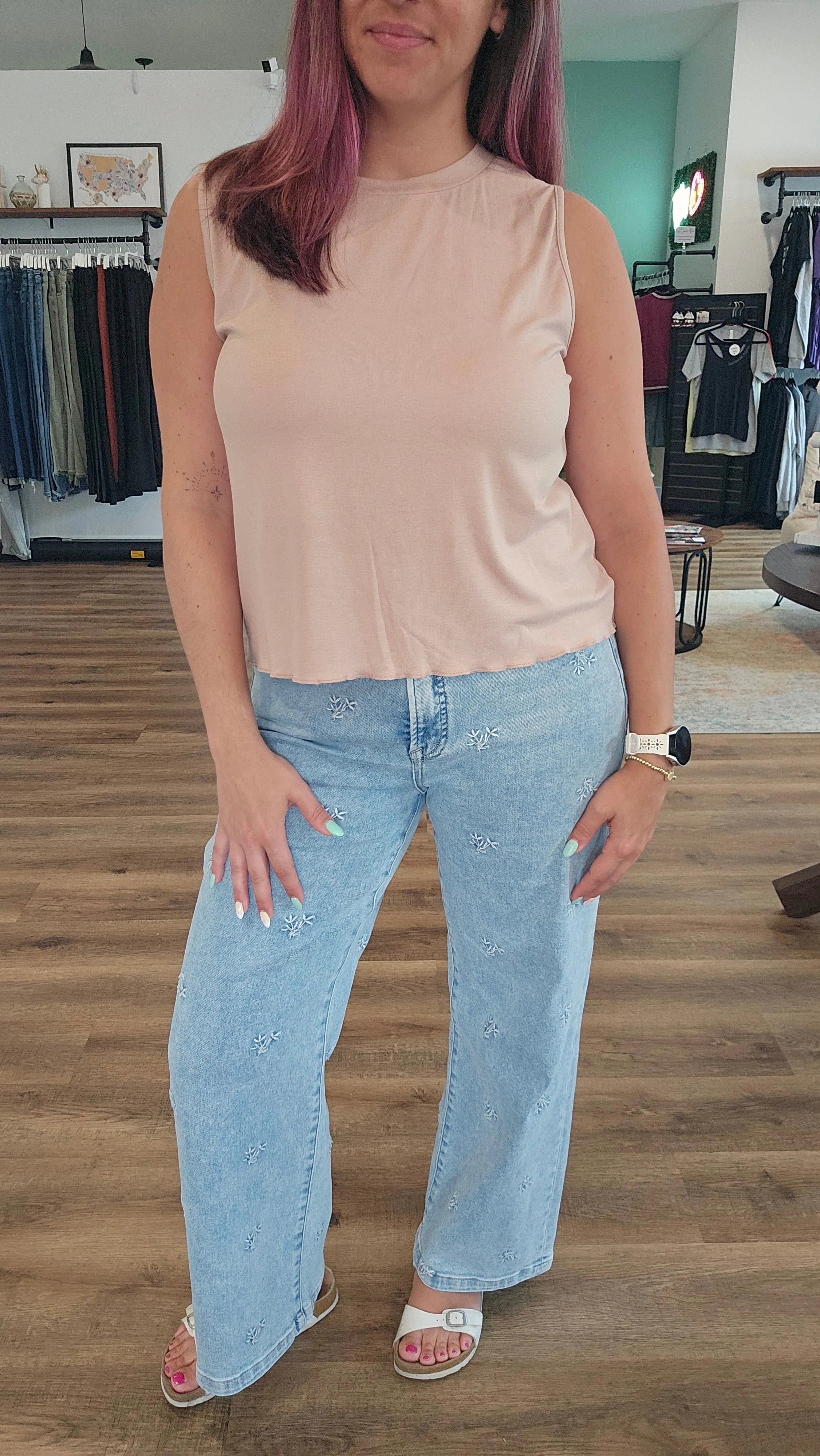 Shop Wide Leg Floral Embroidered Jeans | Risen- at Ruby Joy Boutique, a Women's Clothing Store in Pickerington, Ohio