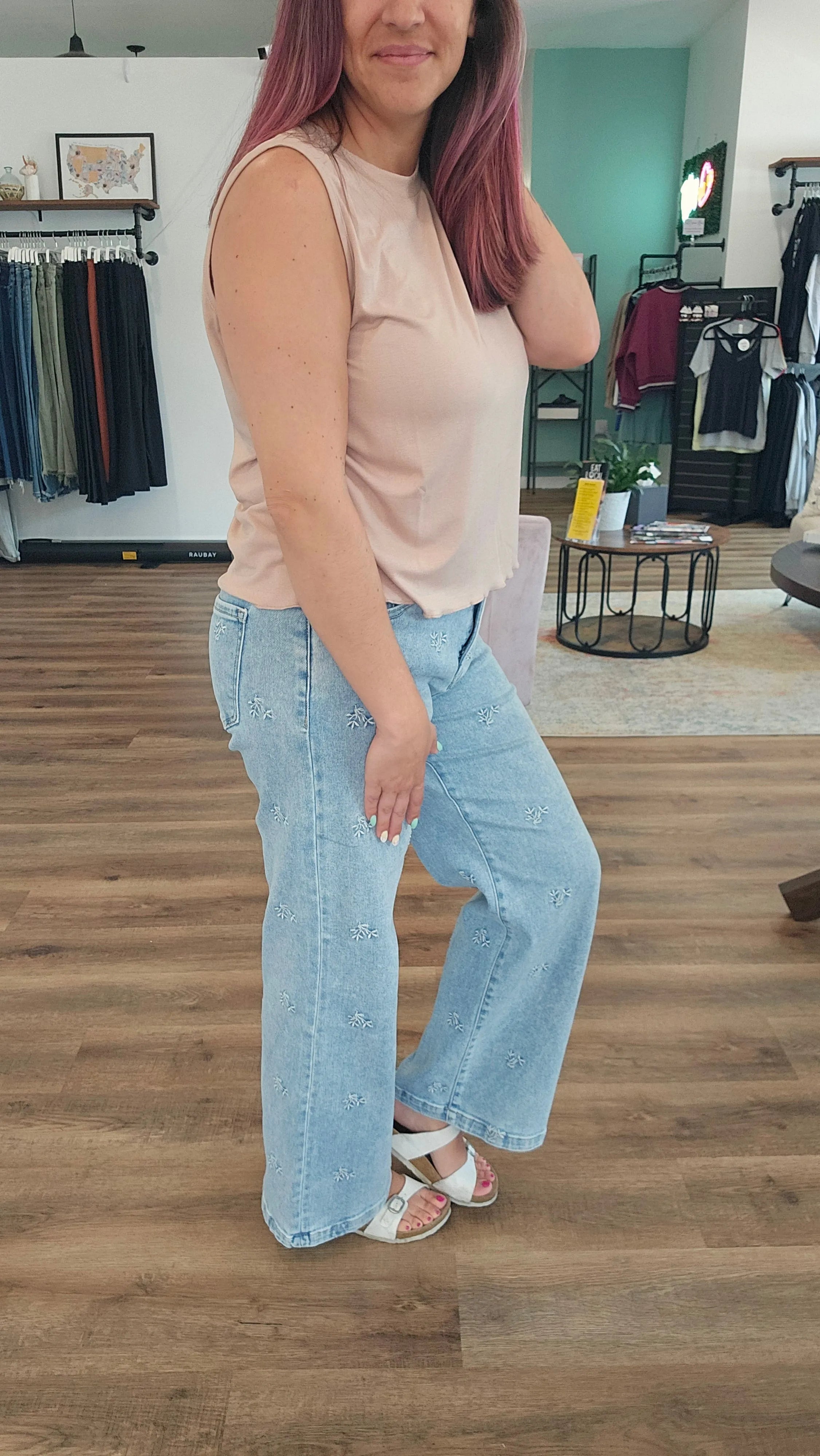 Shop Wide Leg Floral Embroidered Jeans | Risen- at Ruby Joy Boutique, a Women's Clothing Store in Pickerington, Ohio