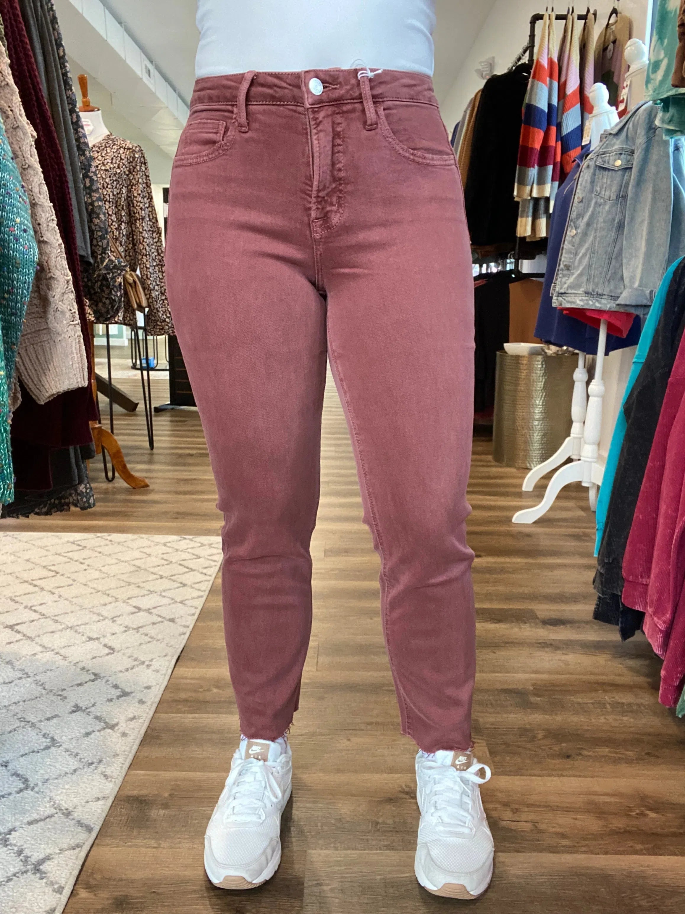 Shop Wine Colored Straight Leg Crop Denim with Tummy Control | Lovervet-Denim at Ruby Joy Boutique, a Women's Clothing Store in Pickerington, Ohio