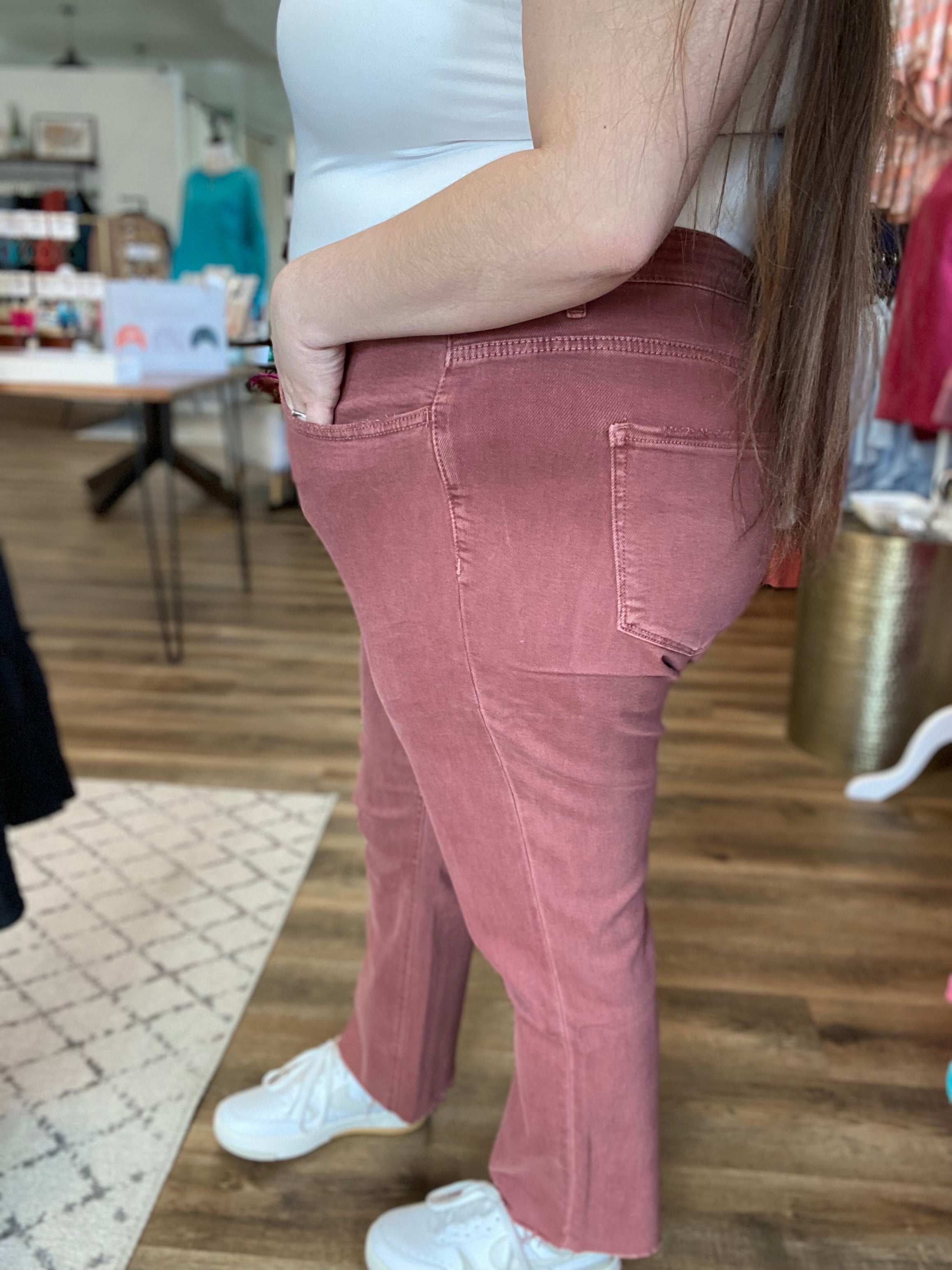 Shop Wine Colored Straight Leg Crop Denim with Tummy Control | Lovervet-Denim at Ruby Joy Boutique, a Women's Clothing Store in Pickerington, Ohio