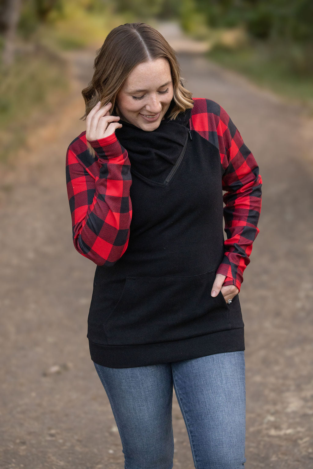 Shop Zoey ZipCowl - Black and Buffalo Plaid-Sweatshirt at Ruby Joy Boutique, a Women's Clothing Store in Pickerington, Ohio