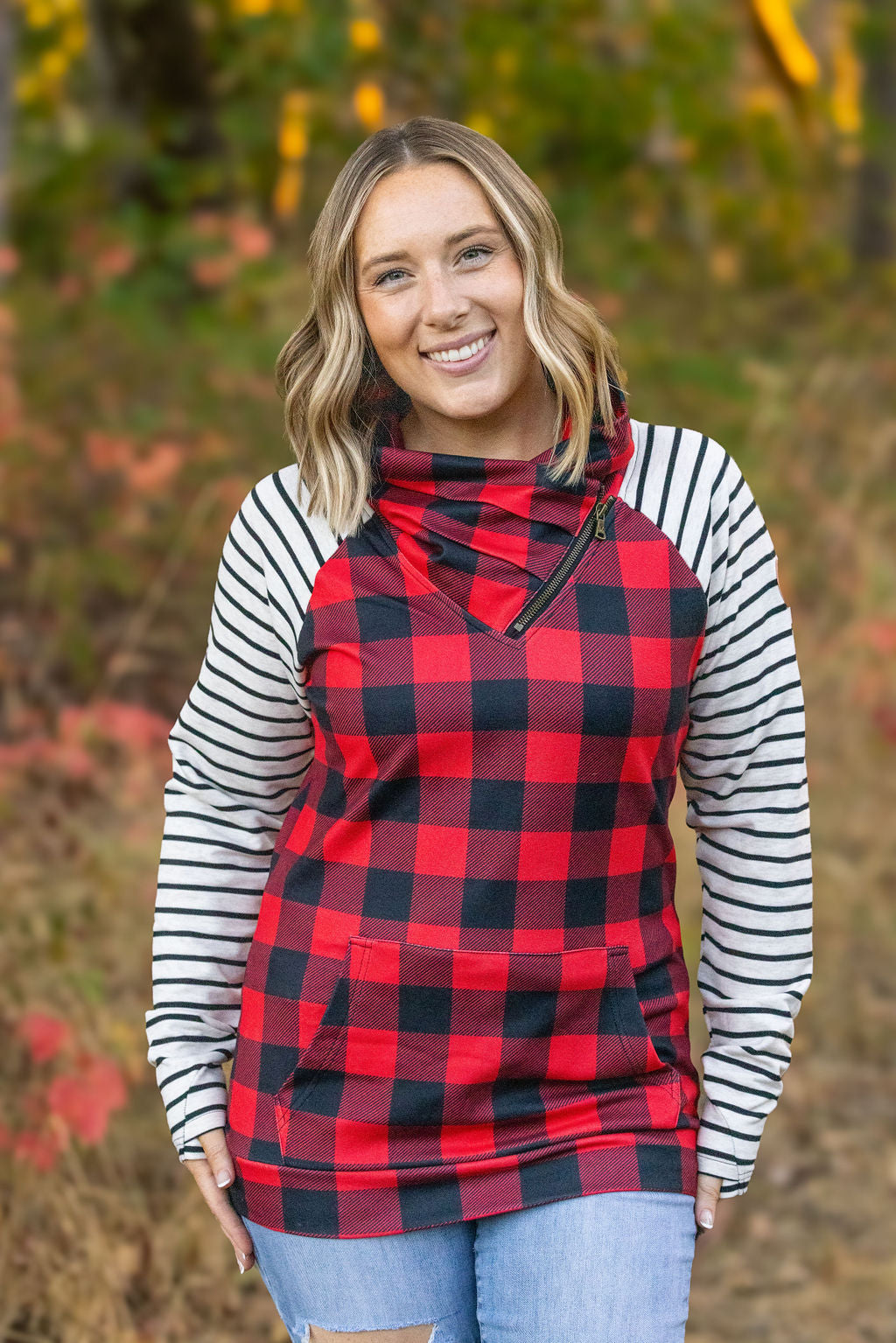 Shop Zoey ZipCowl - Buffalo Plaid and Oatmeal Stripes-Pullover at Ruby Joy Boutique, a Women's Clothing Store in Pickerington, Ohio