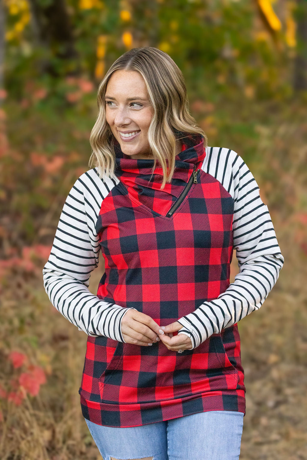 Shop Zoey ZipCowl - Buffalo Plaid and Oatmeal Stripes-Pullover at Ruby Joy Boutique, a Women's Clothing Store in Pickerington, Ohio