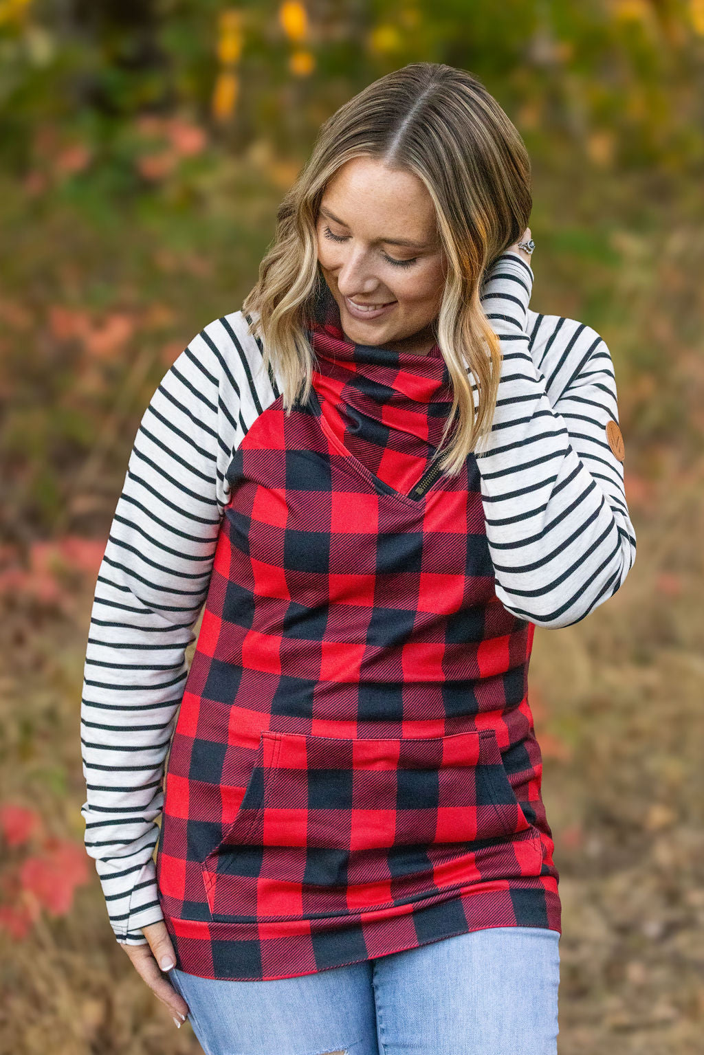 Shop Zoey ZipCowl - Buffalo Plaid and Oatmeal Stripes-Pullover at Ruby Joy Boutique, a Women's Clothing Store in Pickerington, Ohio