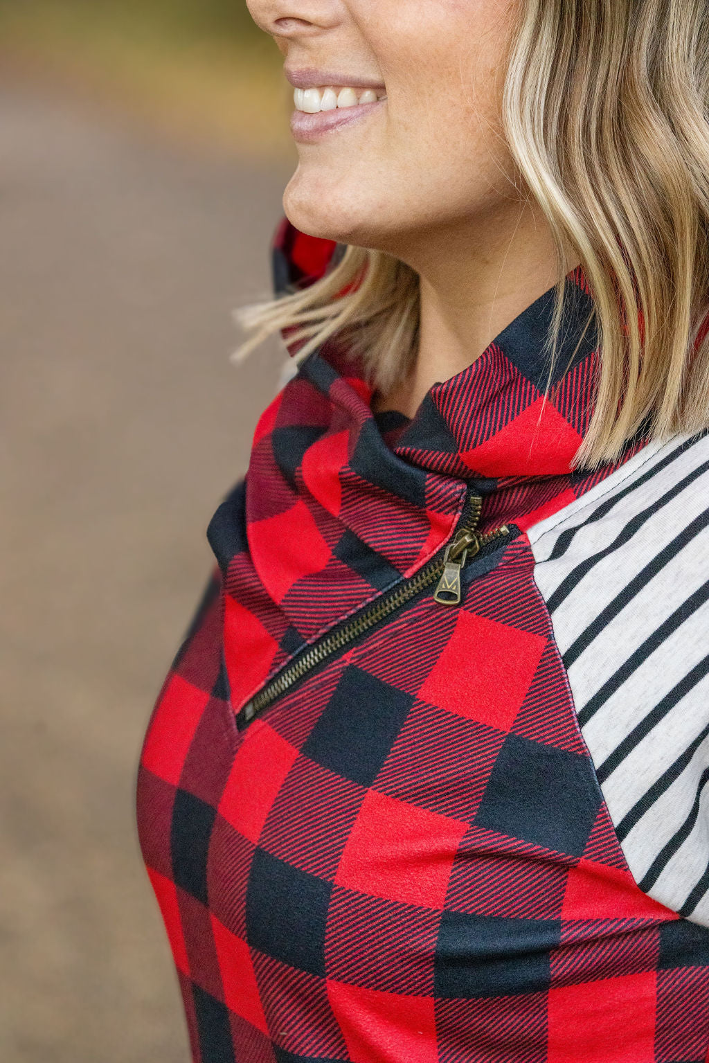 Shop Zoey ZipCowl - Buffalo Plaid and Oatmeal Stripes-Pullover at Ruby Joy Boutique, a Women's Clothing Store in Pickerington, Ohio